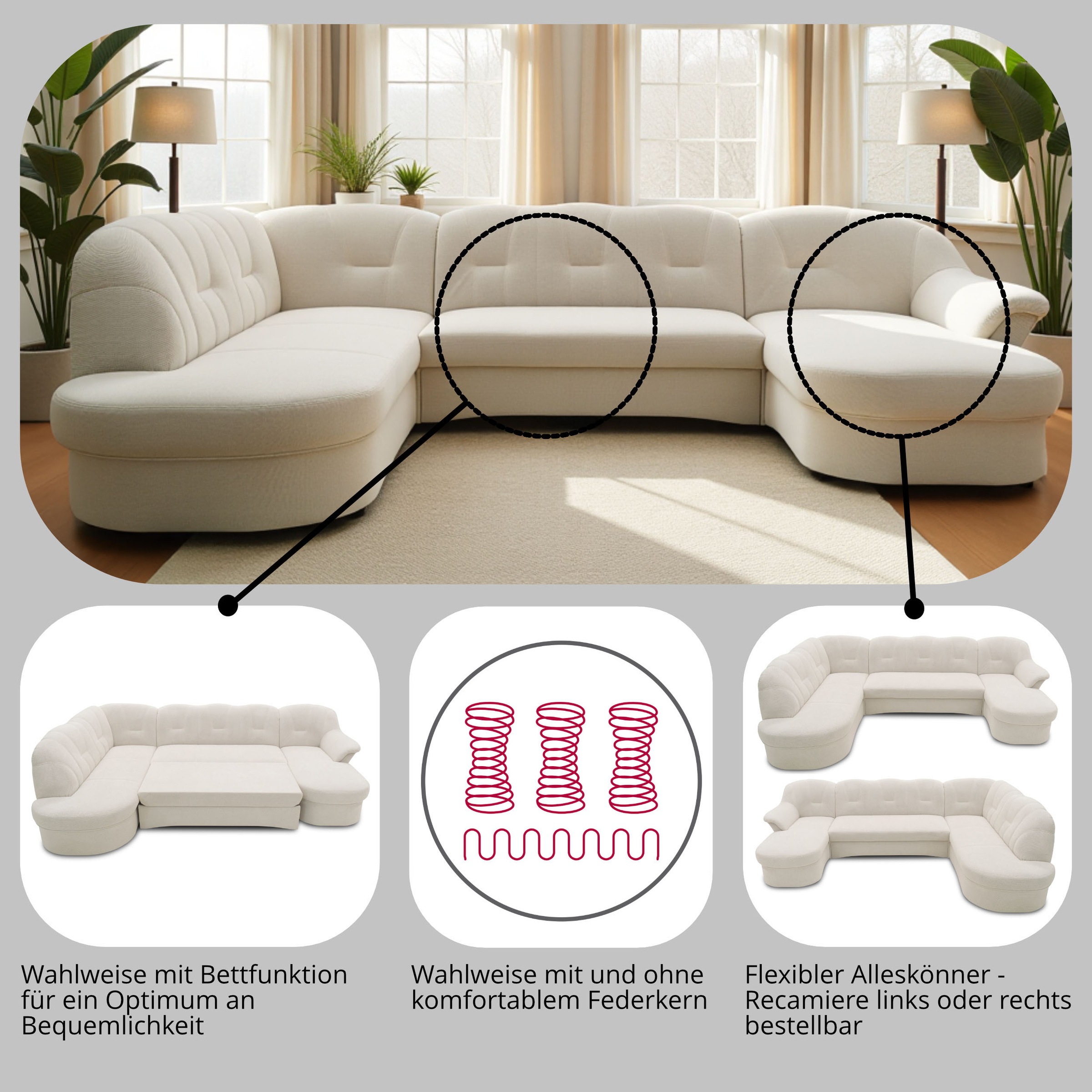 Thumbnail - DOMO collection Wohnlandschaft "Flores auch in Leder-Bezug, B/T/H: 293/180/86 cm, U-Form" wahlw. mit Bettfunktion, wahlw...