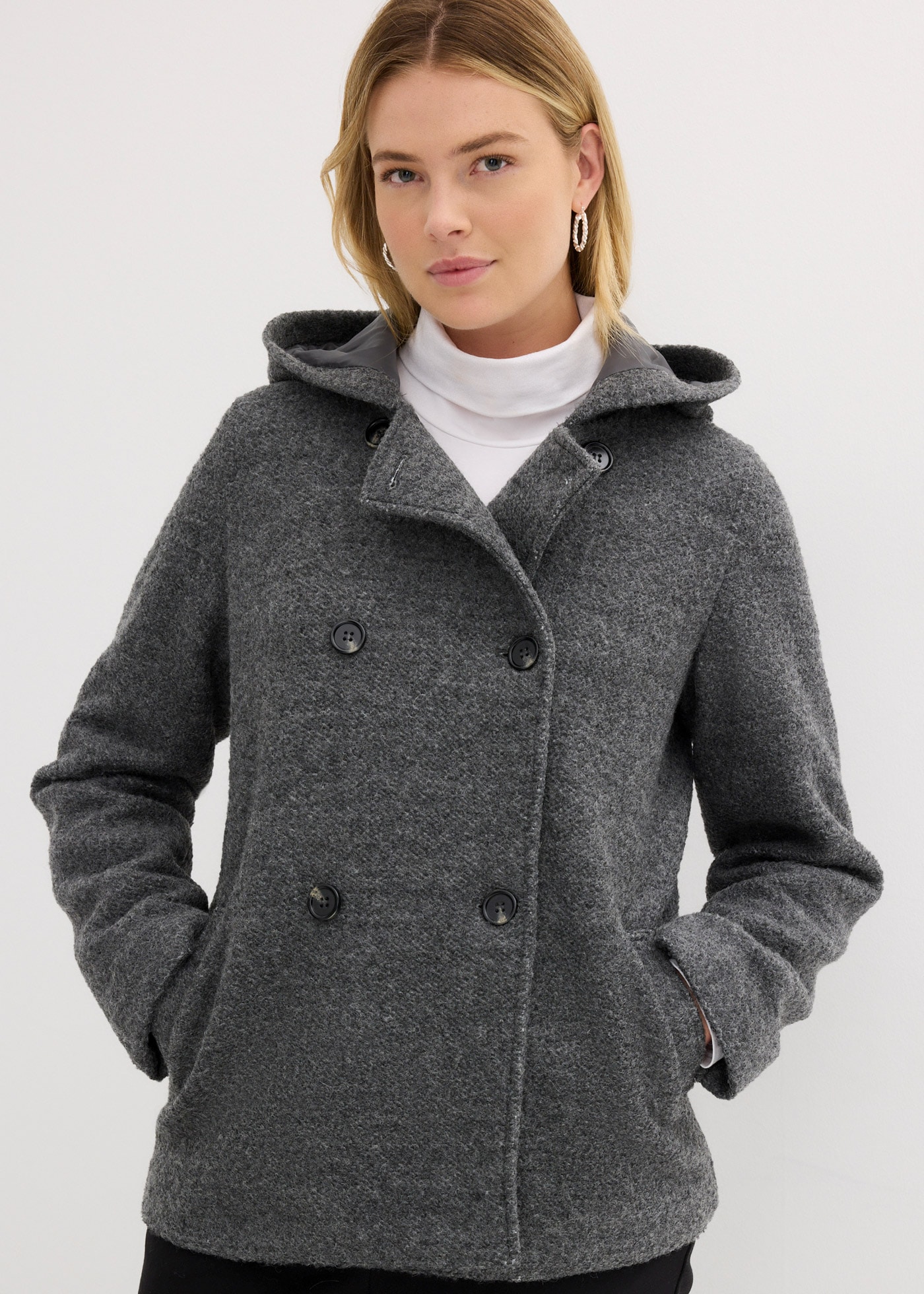 bonprix mit Kapuze moderner Look, aus kuscheligem Bouclé-Material, mit Kapuze
