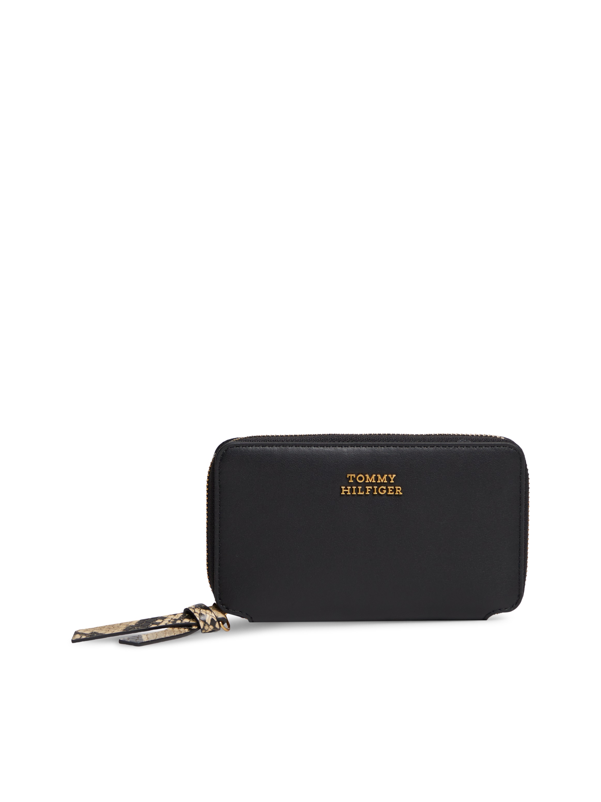 Tommy Hilfiger Damen Schwarz Geldbörse "Th Leather Med Za Wallet" Geldbeutel Portemonnaie Mit Goldfarbenem Logoschriftzug von Baur