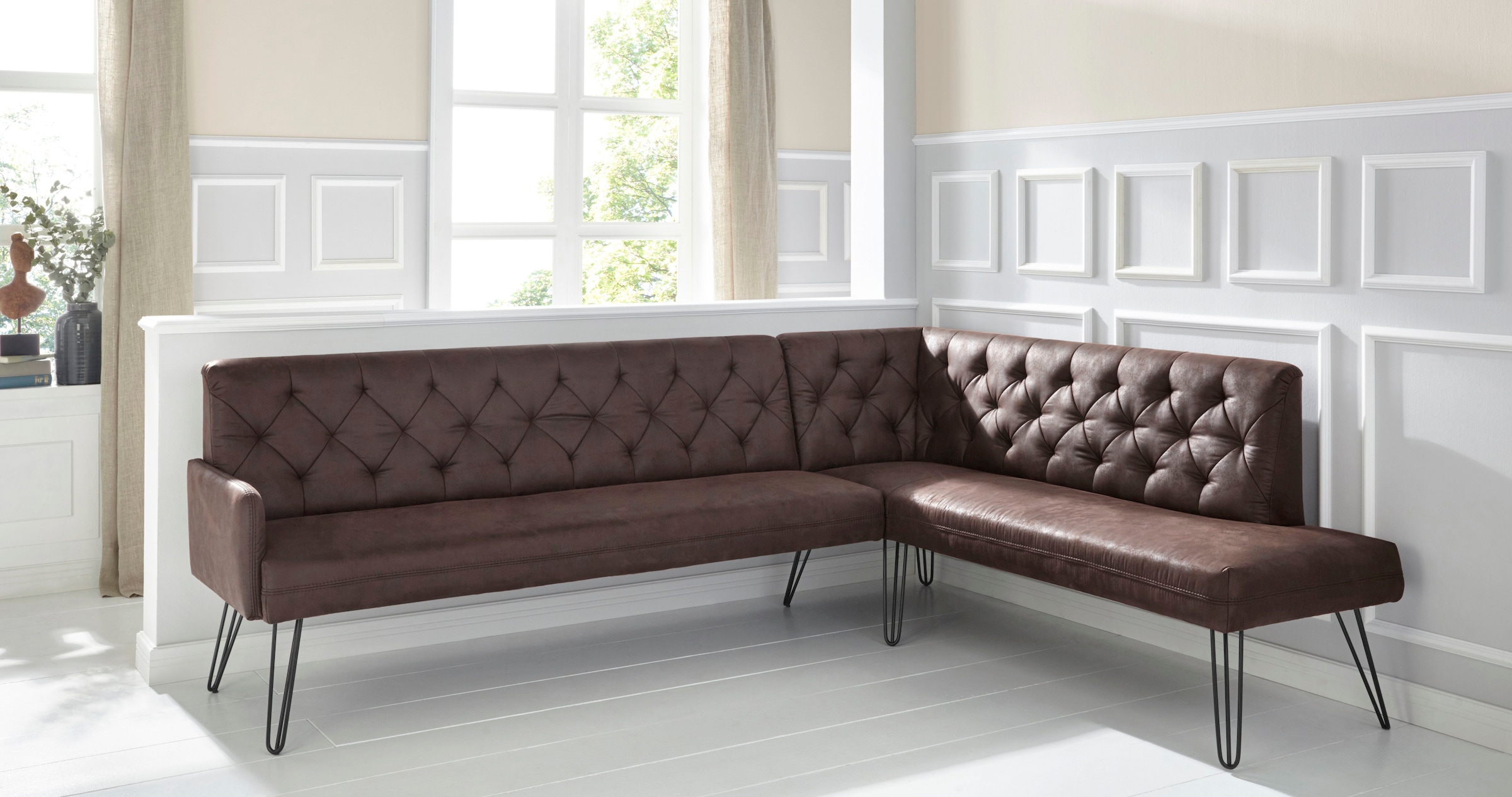 exxpo - sofa fashion Eckbank "Doppio, Chesterfield Optik, komfortabel und bequem, hohe Designfüße", Frei im Raum stellba