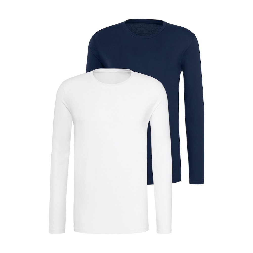 Herrenmode Shirts Bruno Banani Langarmshirt, (2er-Pack), in klassischer Basicform navy + weiß