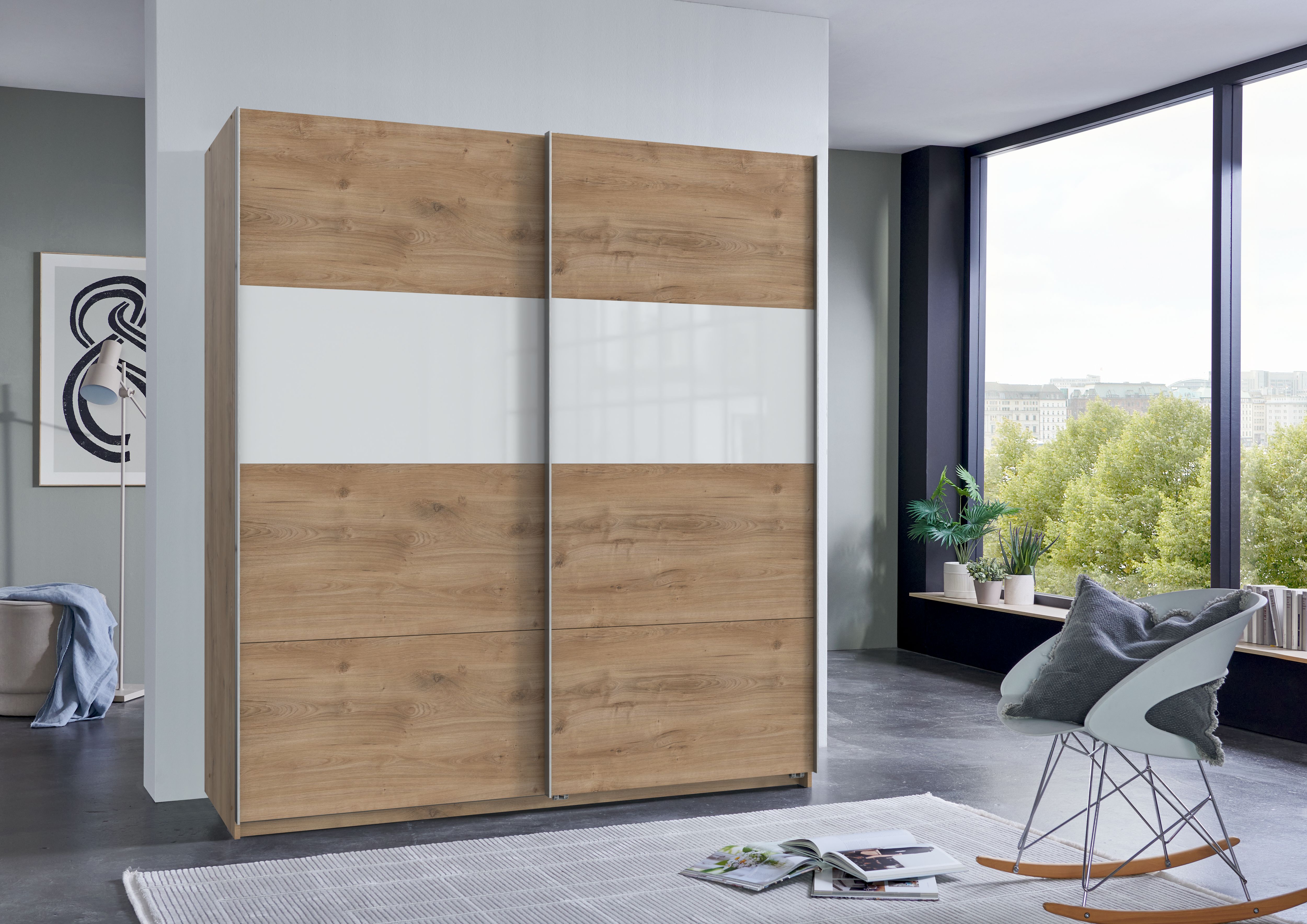 Wimex Schwebetürenschrank "Bramfeld Kleiderschrank" mit Glaselementen und zusätzlichen Einlegeböden