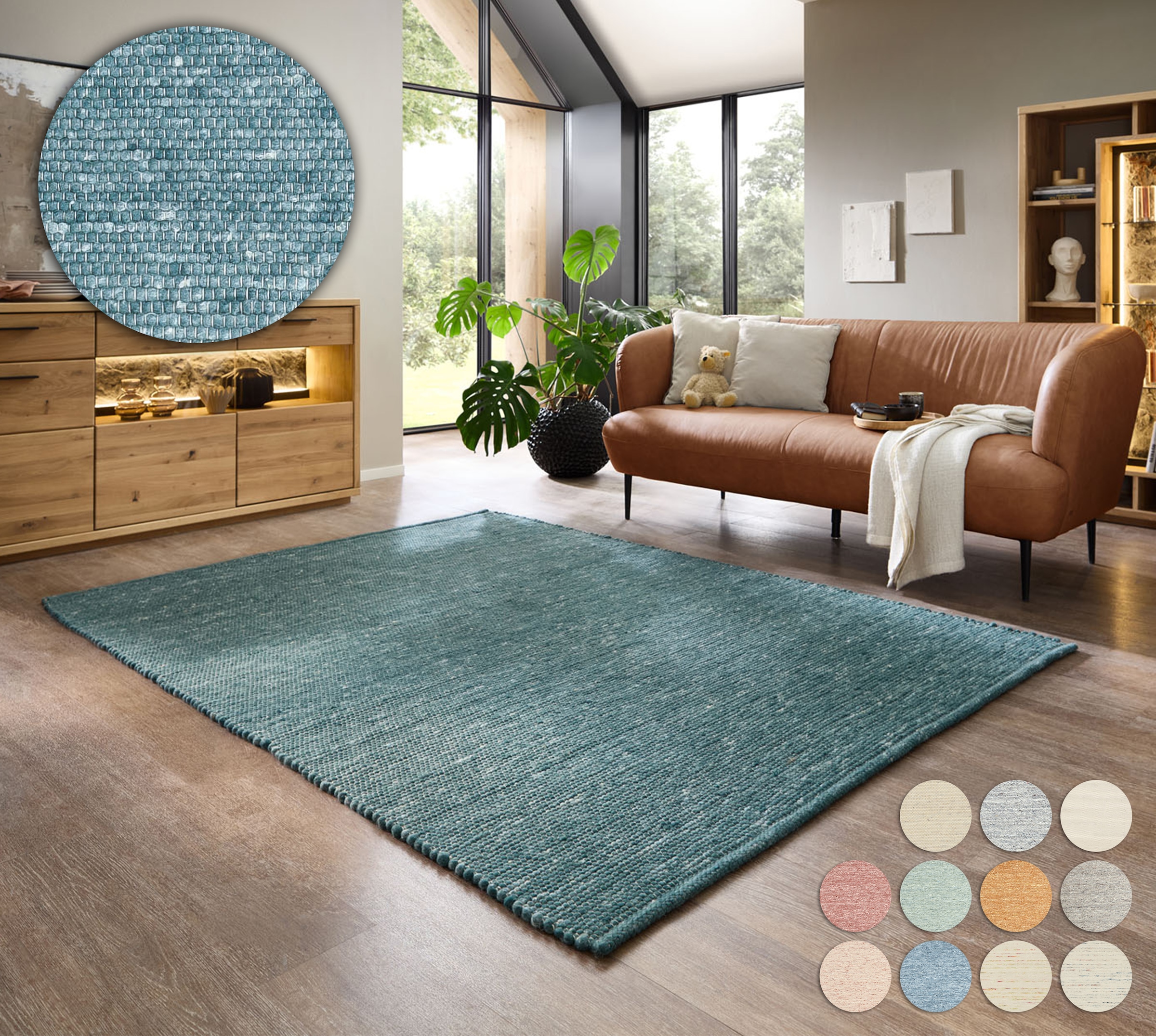 Wollteppich OTTO HOME "Pirker", blau (petrol), B:70cm H:12mm L:140cm, Schurwolle, Teppiche, Wendeteppich, meliert, reine Wolle, handgewebt, Scandi, Wohnzimmer