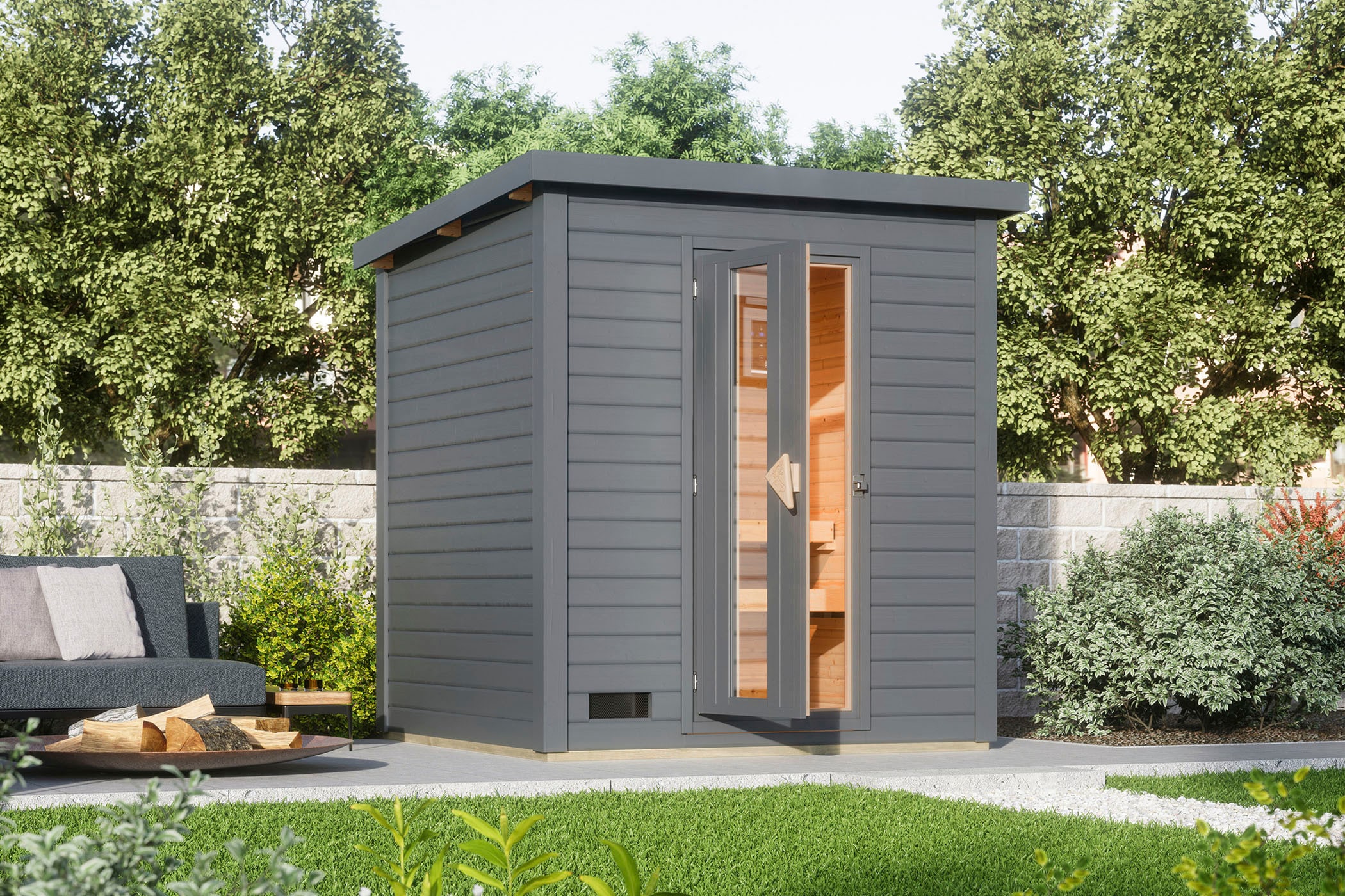 KARIBU Saunahaus "Talo 2", Saunaofen, integrierte Steuerung, (ohne Ofen), grau, Garten, Saunen, Ofen 9 kW integr. Strg