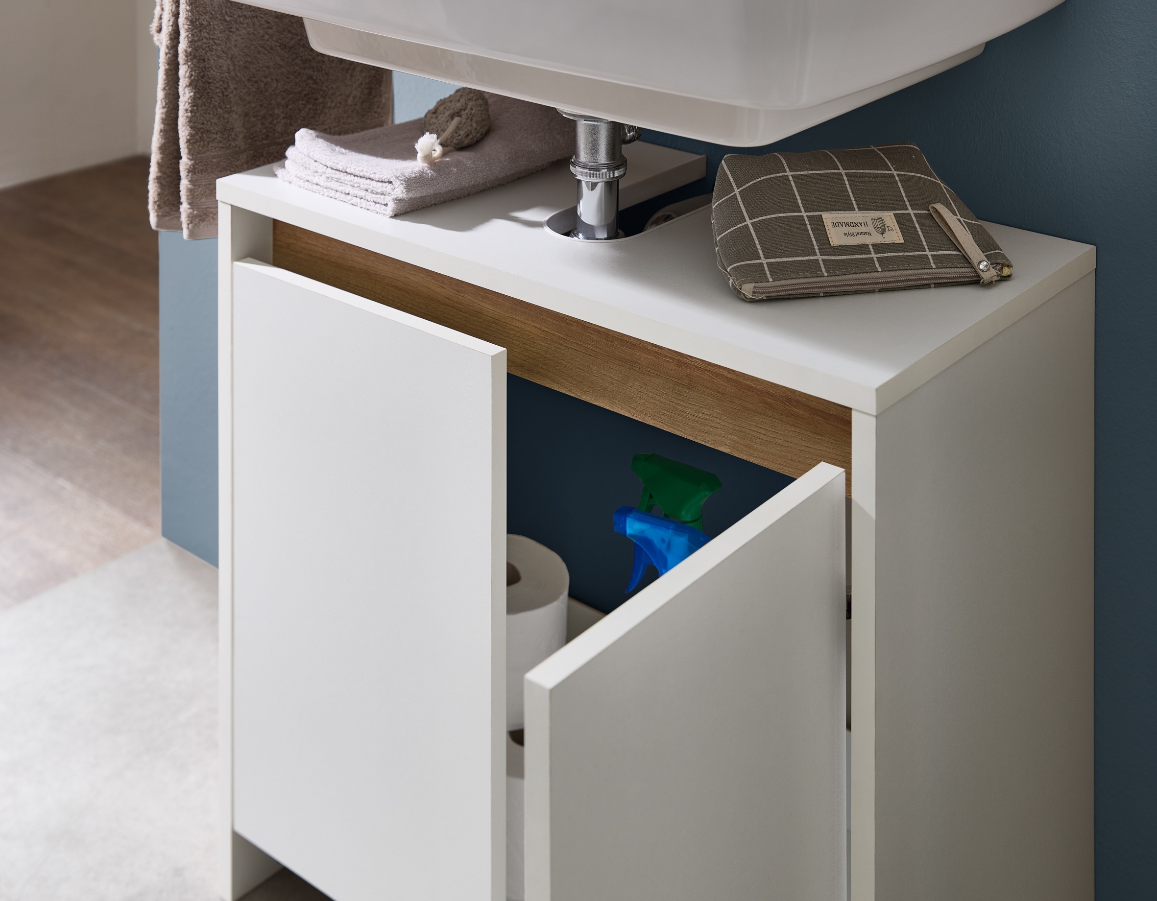 Saphir Waschbeckenunterschrank »Quickset 100, 2 Türen, Siphonausschnitt«, Waschbeckenschrank ohne Griff, 61,6 cm breit, mit Akzentfuge