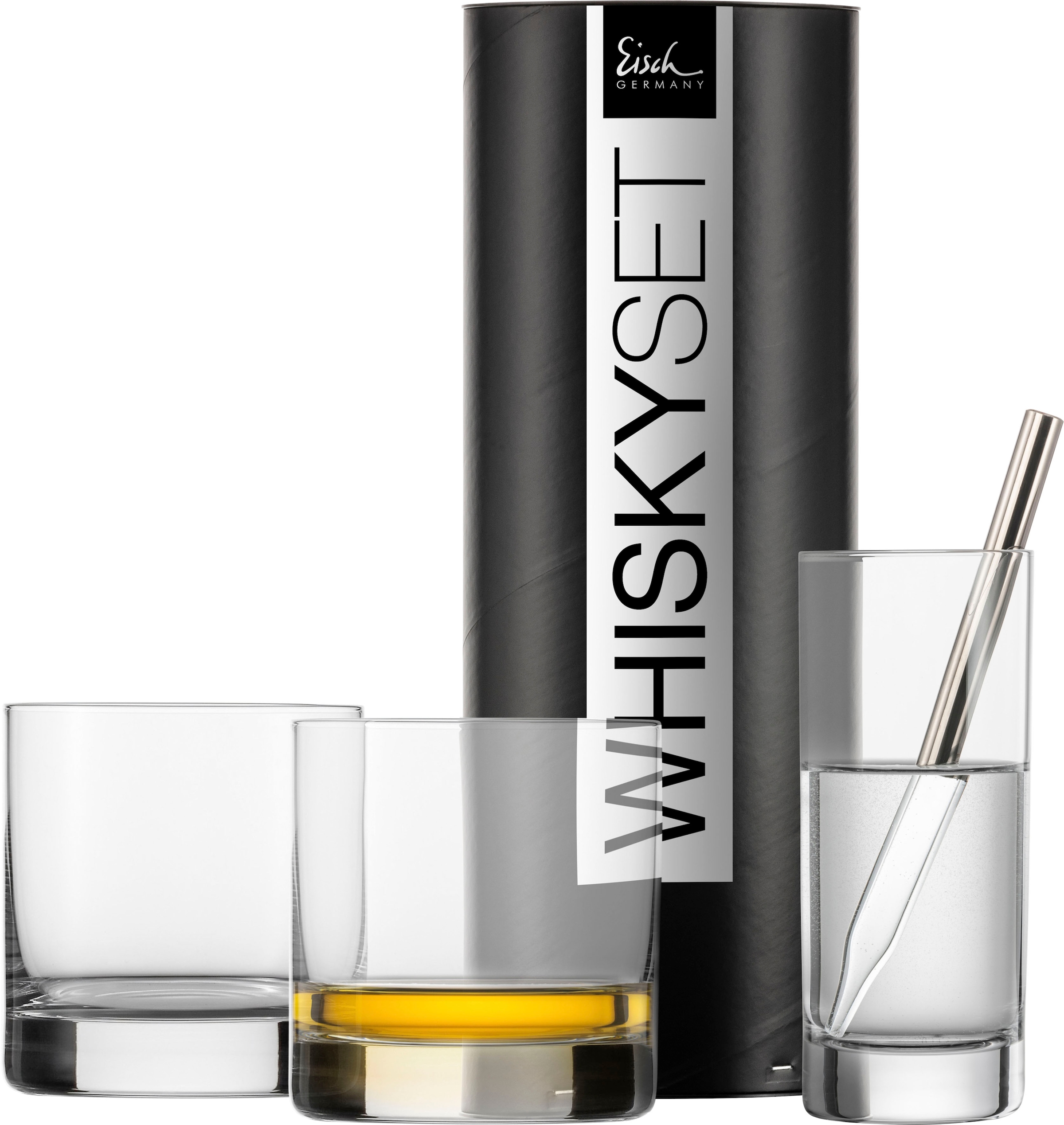 Eisch Whiskyglas »GENTLEMAN«, (Set, 4 tlg., 1 Whisky-Pipette, 2 Whisky-Tumbler, 1 Wasserglas in Geschenkröhre), Made in Germany, 4-teilig