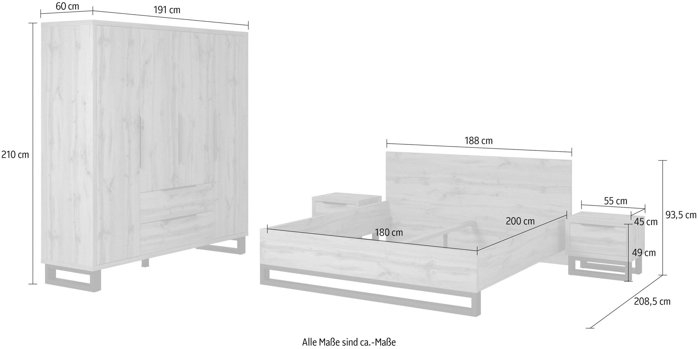 Home affaire Schlafzimmer-Set »Bronne,Komplettschlafzimmer (Set,4-St)«, Schlafzimmer-Set, Schrank 191cm breit, 2xNachtische, Bett180/200cm