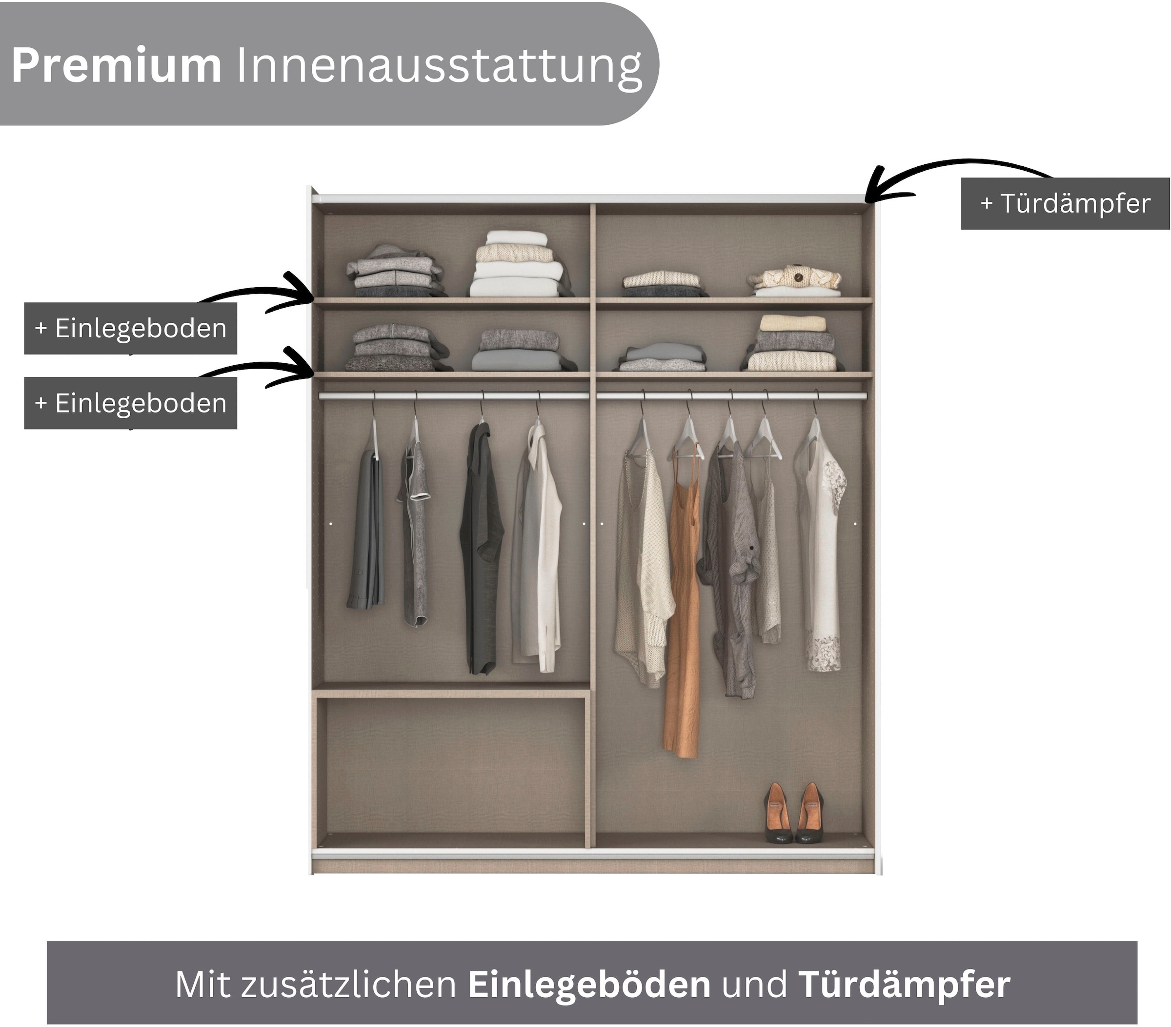 rauch Schwebetürenschrank »Kleiderschrank Schrank Garderobe Wäscheschrank SEVILLA«, (in 3 verschiedenen Ausstattungen BASIC/CLASSIC/PREMIUM), Metall-Griffleisten alufarben oder Graumetallic MADE IN GERMANY