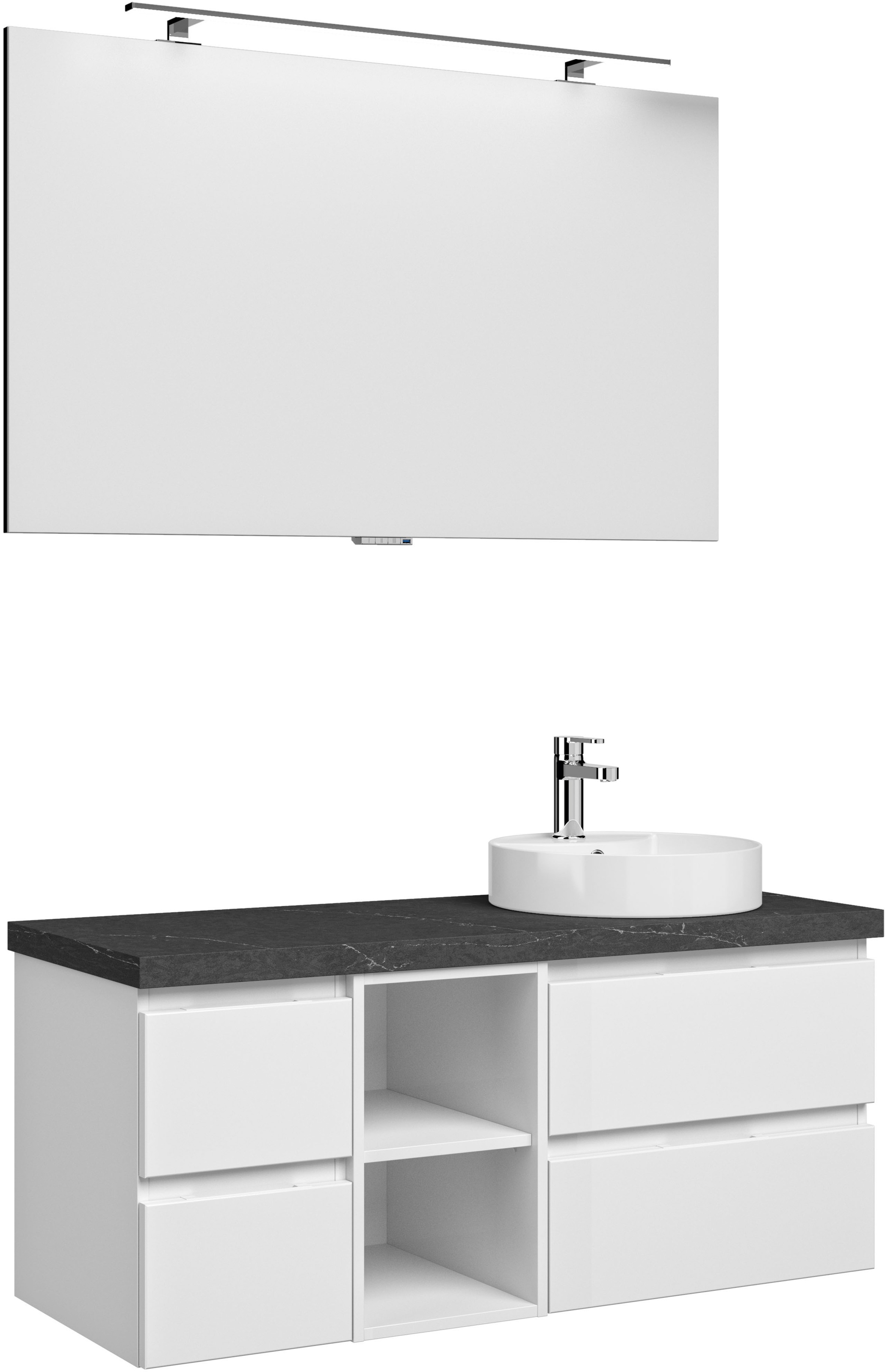 Saphir Badmöbel-Set »Serie 4035 2-teilig, Keramik-Aufsatzbecken mit LED-Spiegel«, (Set), Waschplatz inkl. Türdämpfer, 120 cm breit, 4 Schubladen, 3 Türen