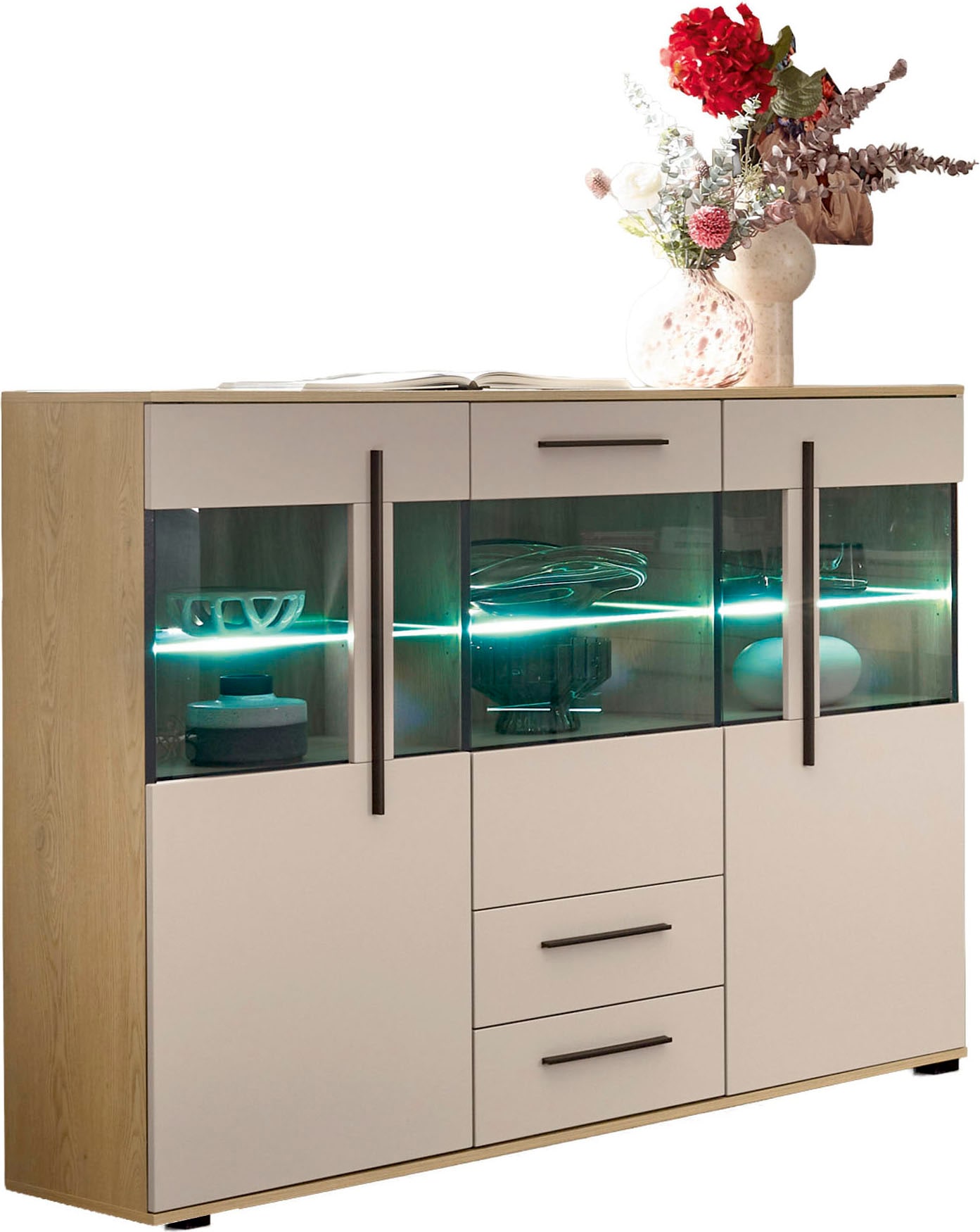 Home affaire Highboard »Cantara, moderner Schrank, Vitrine in Eiche Dekor, Weiß oder Kaschmir« schwarze Stangengriffe, ausreichend Stauraum, vielseitig einsetzbar