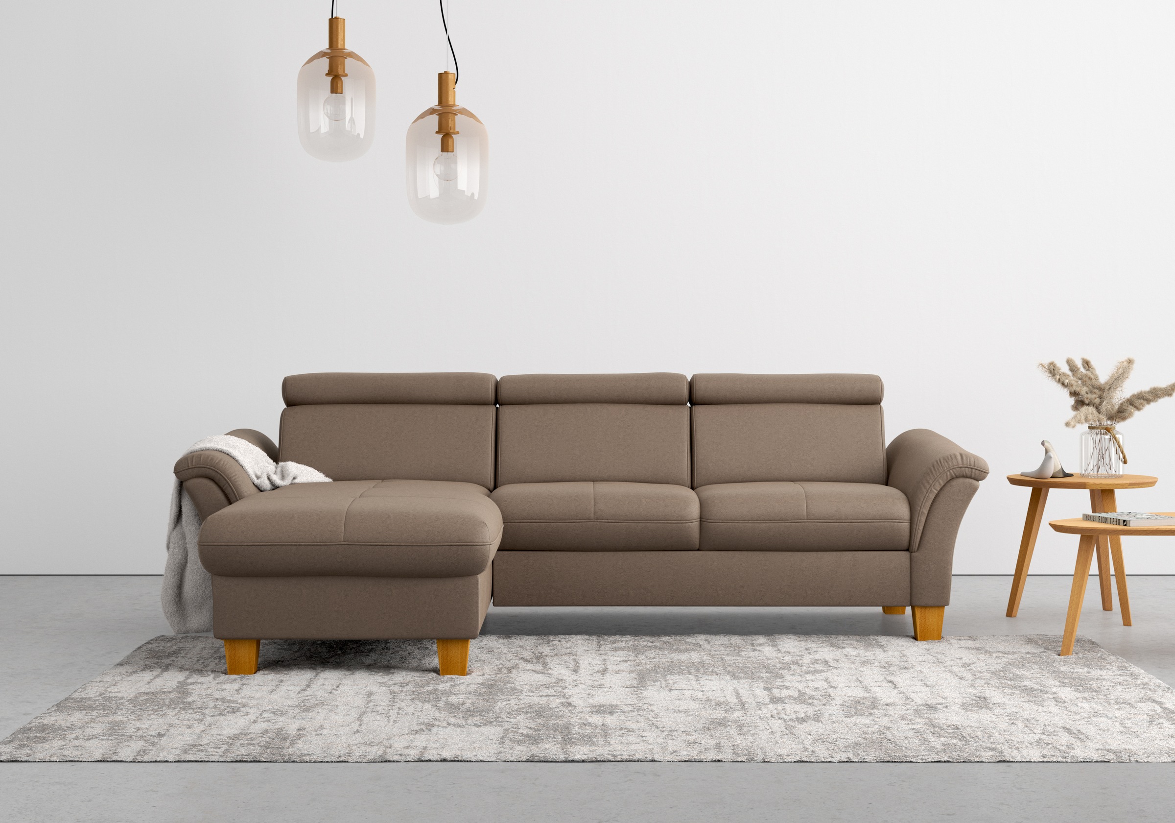 Ecksofa HOME AFFAIRE "Lindgren L-Form", braun (nuss), B:258cm H:84cm T:169cm, 100% Polyester, Sofas, Ecksofa, wahlweise mit Bett mit klappbaren Rollen, Kasten und Kopfverstellung 5