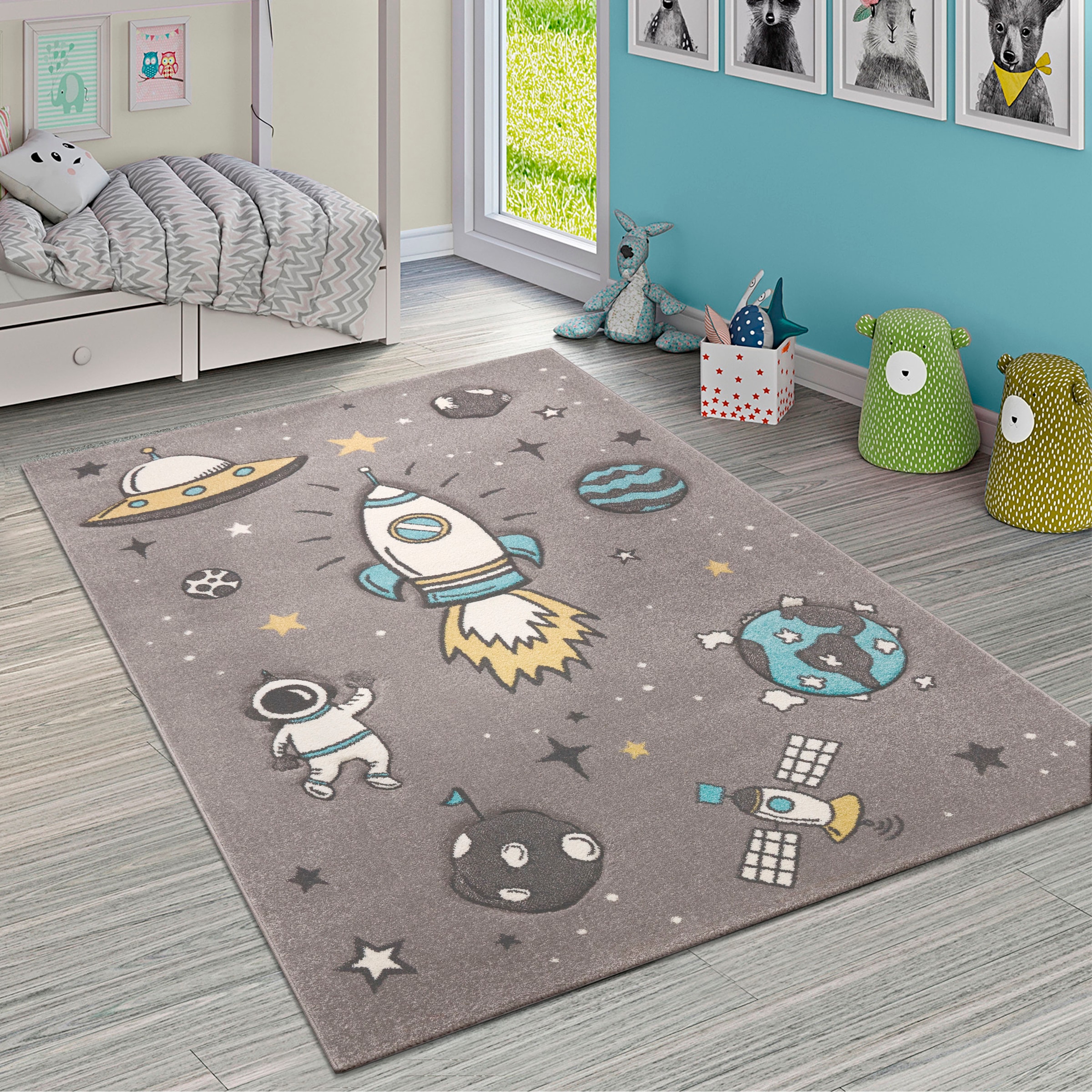 Paco Home Kinderteppich "Diamond 100", rechteckig, 3D-Design, Motiv Weltraum, Rakete & Astronaut, Kinderzimmer