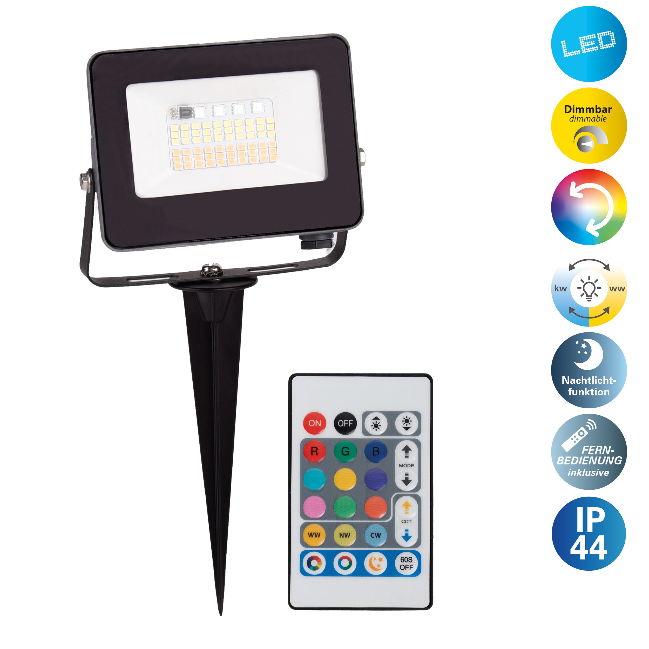 näve LED Gartenstrahler "Pia" LED-Modul 1 Stk. RGB warmweiß - kaltweiß RGBW, Memory, Nachtlicht, dimmbar, Fernbedienung, Zuleitung 300cm