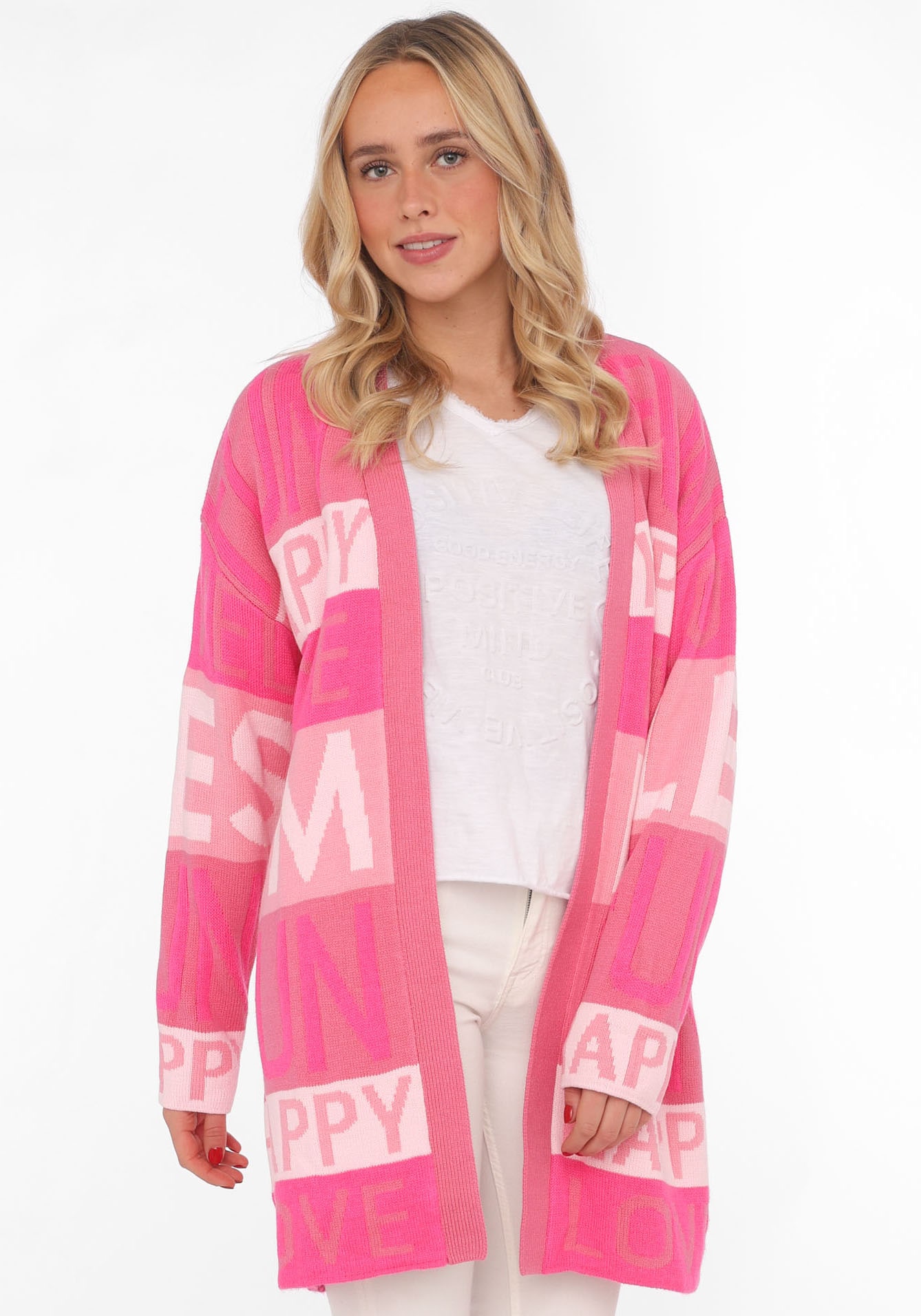 Zwillingsherz Cardigan ""Smile Fun Happy"", mit Schriftzug und Streifen