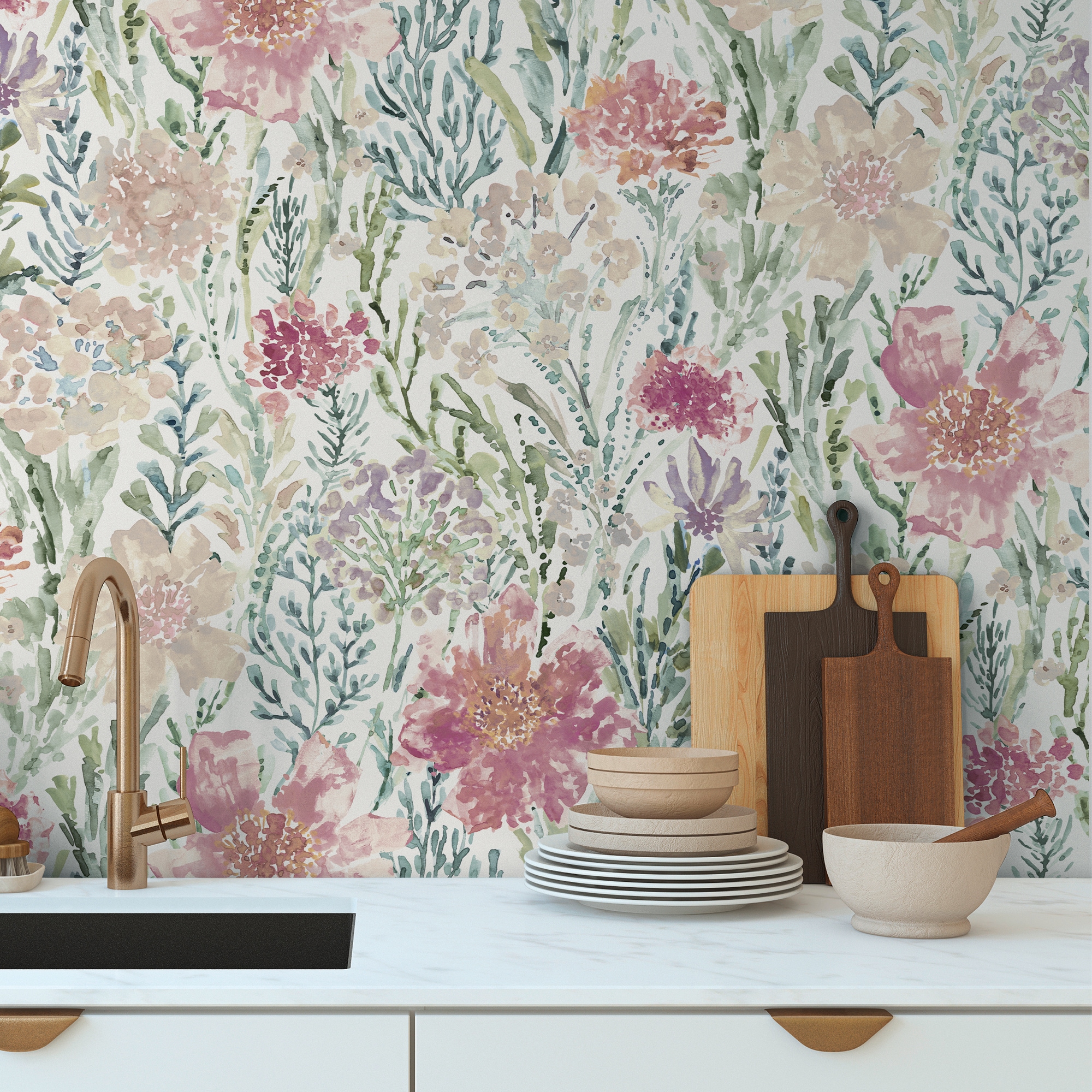 A.S. Création Vliestapete "Aquarell Dreams Blumen-Tapete Mustertapete Aquarellfarben Blumen" matt glatt Vliestapete Landhaus für Schlafzimmer Küche Wohnzimmer Blumen Design