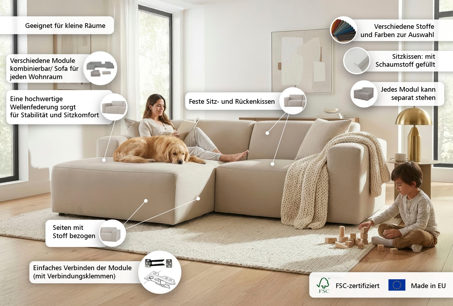 OTTO home Ecksofa »Koa, 228 cm, L-Form, Modulsofa in Cord, Chenille, Struktur, Webstoff« Designsofa, weicher Lounge-Sitzkomfort, Welleunterfederung, bodentief