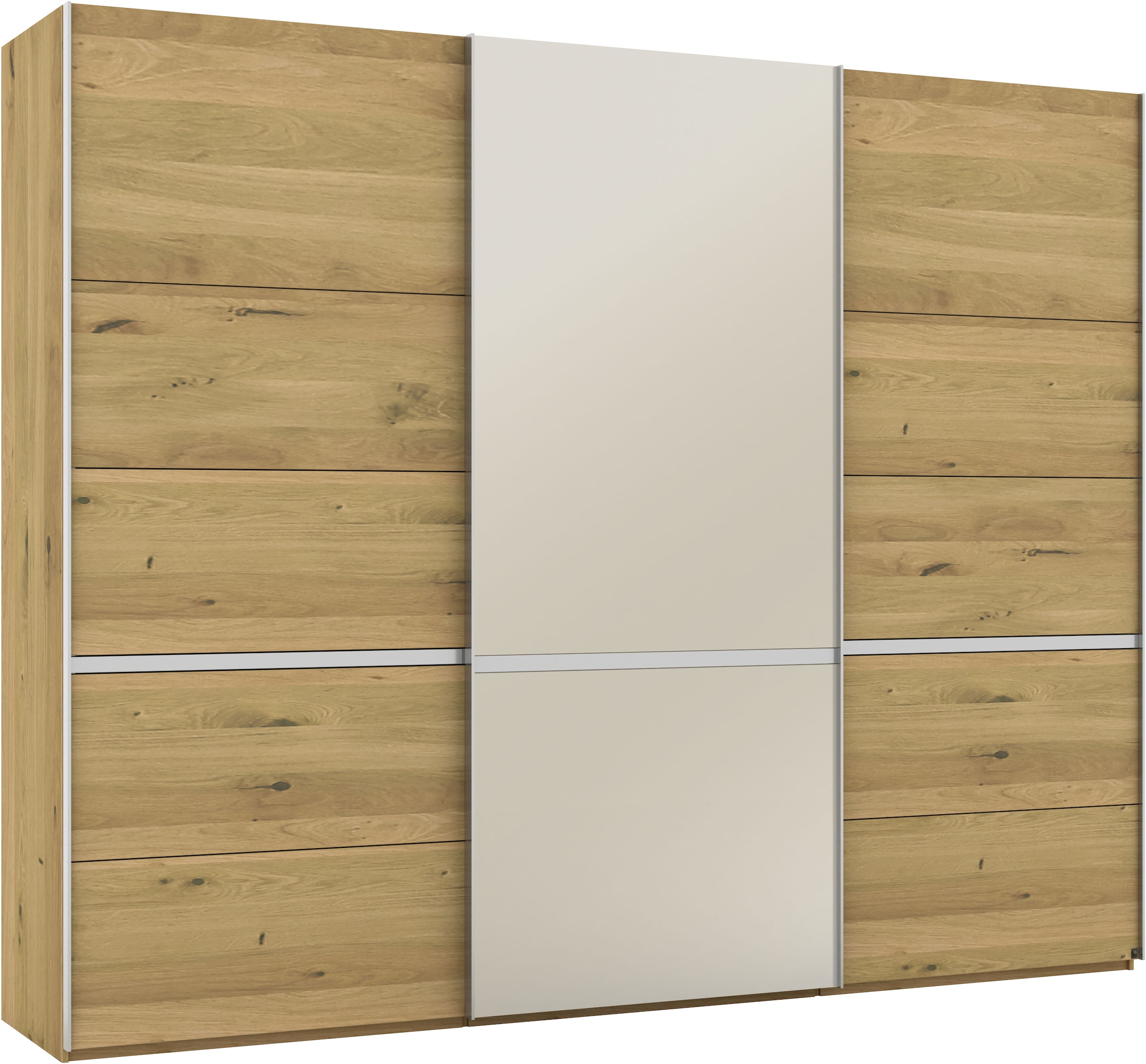 Musterring Schwebetürenschrank »Savona, Kleiderschrank, Schrank, Garderobe, mit Schiebetüren«, (Teilmassiv Bianco-Eiche, mit Spiegel oder Glas, MADE IN GERMANY), Türen Bianco-Eiche massiv, Spiegel-/Glastüren, eingelegte Chromleiste