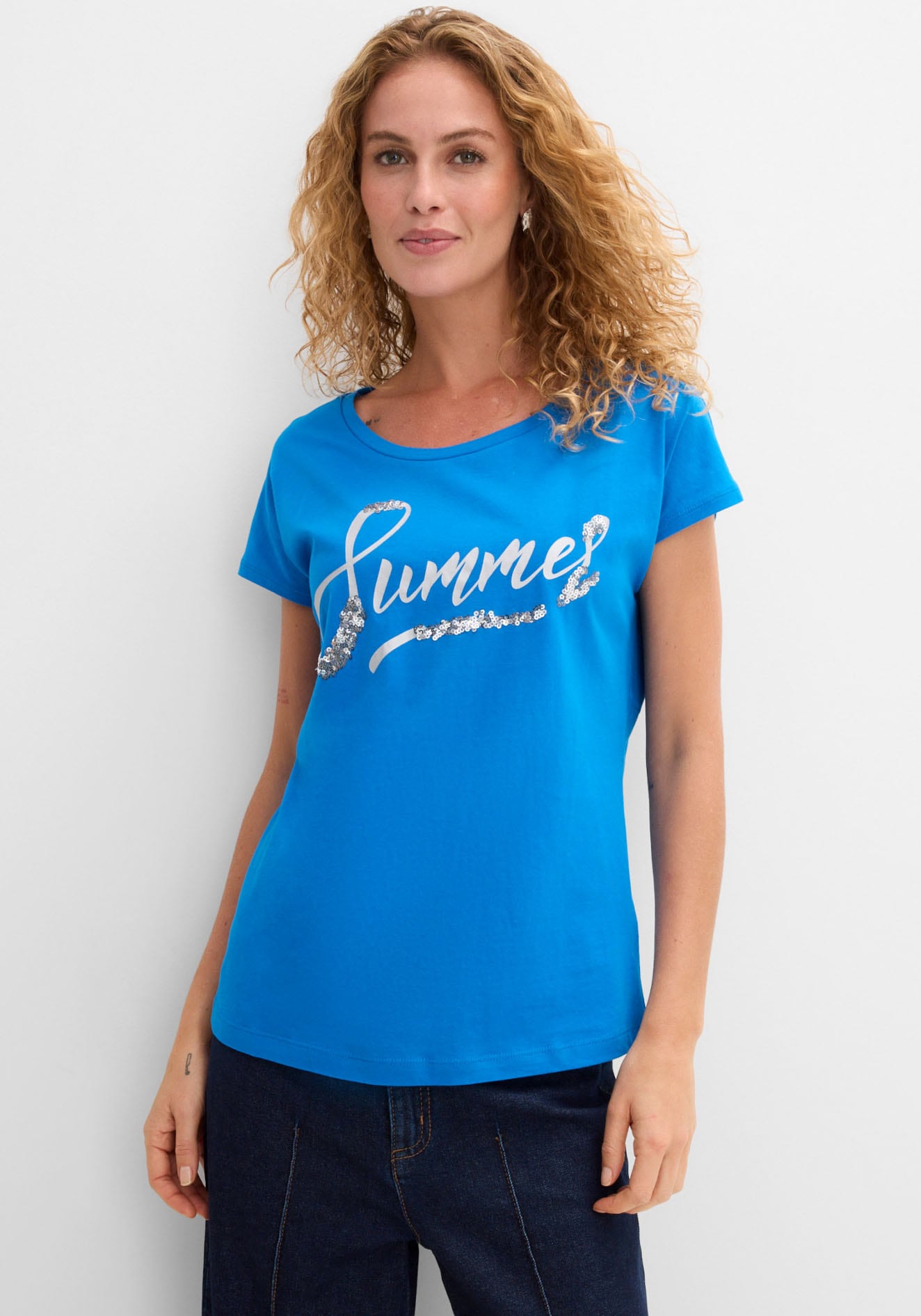 bonprix T-Shirt "Shirt mit Pailletten" lockere Passform, Kurzarm, aus Baumwolle
