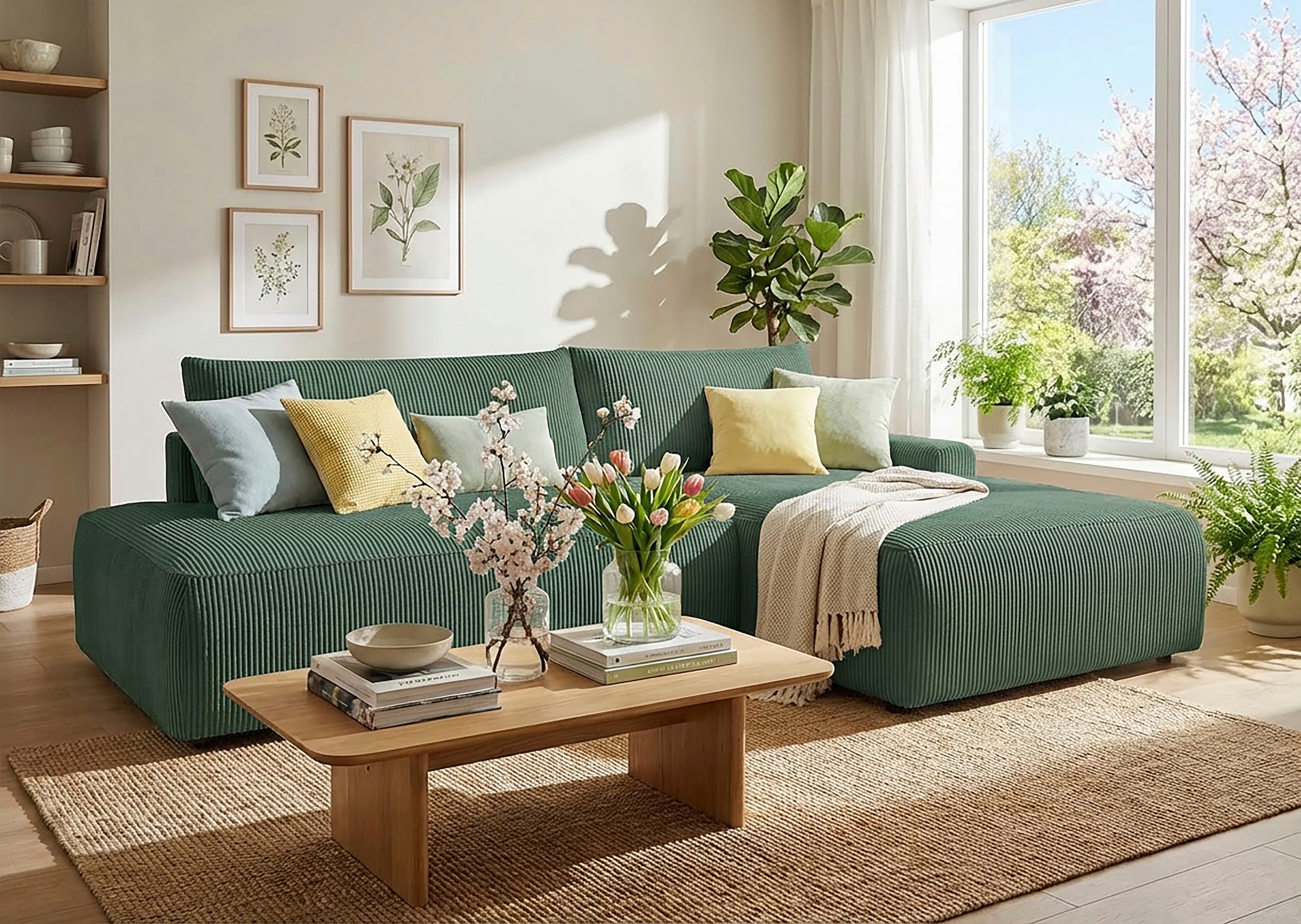 TRENDMANUFAKTUR Ecksofa "Prag, Schlafsofa mit Bettkasten, Couch in L-Form, Breite 253 cm" in Cordstoff HYPER, dunkelgrün, Recamiere rechts