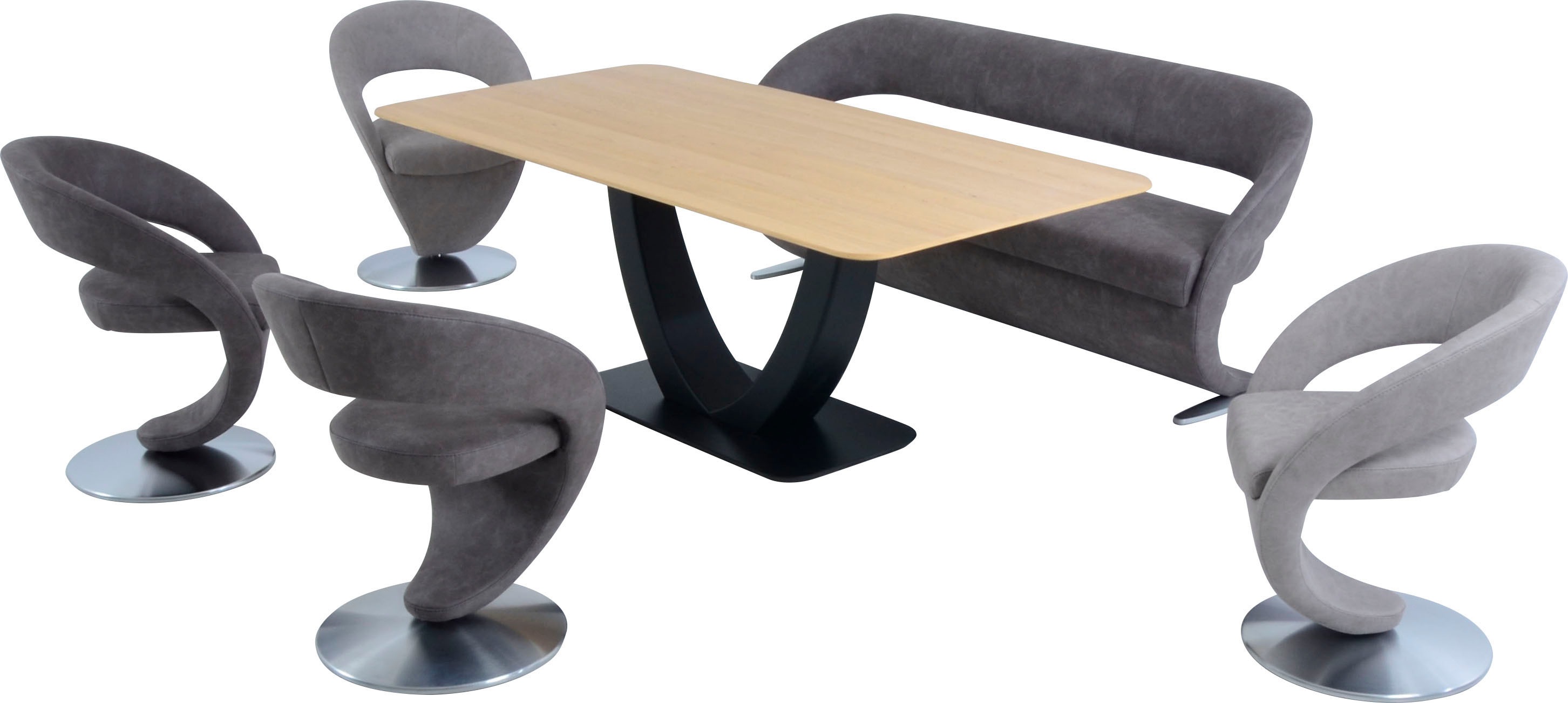 K+W Komfort & Wohnen Essgruppe Wave, (Set, 6 tlg.), Design-Solobank mit 4 Design-Drehstühlen in zwei verschiedenen Farben und Tisch in 180x90cm