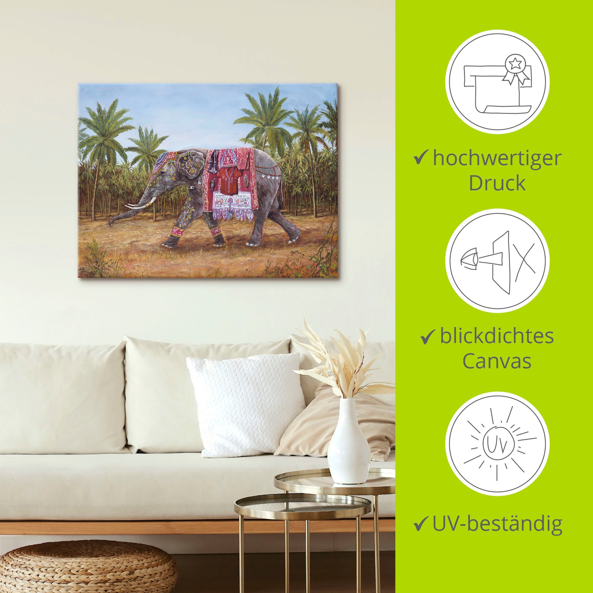 Artland Wandbild »Indischer Elefant«, Wildtiere, (1 St.), als Leinwandbild, Wandaufkleber in verschied. Größen