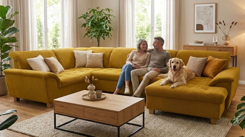 OTTO home Wohnlandschaft "Eggery 352 x 214 cm, auch mit Schlaffunktion & Bettkasten, Holzfüße" Kopfteile verstellbar, U-Form, aus Pet Friendly Cord