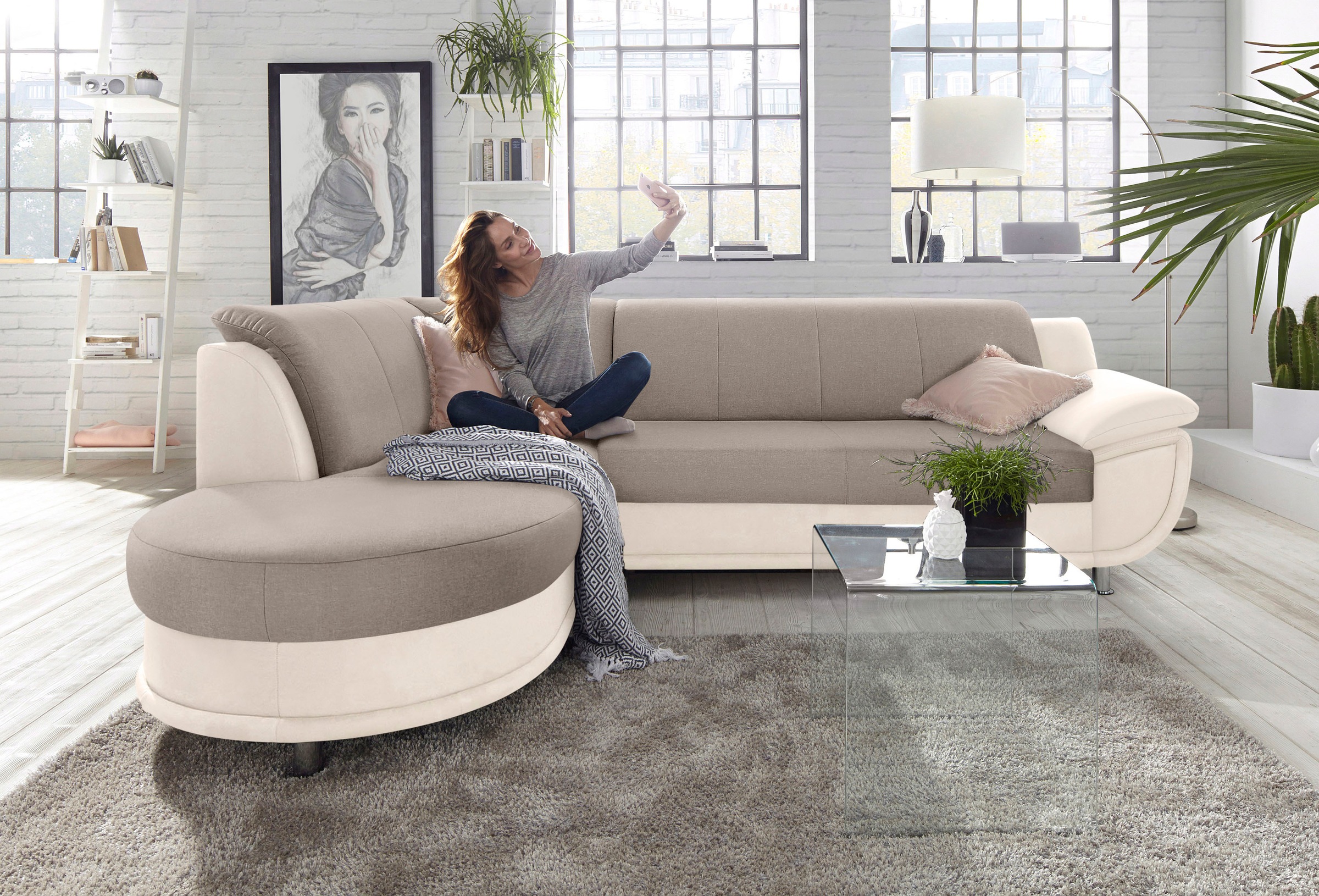 TRENDMANUFAKTUR Ecksofa »Rondo 3, zeitlos und bequem, Materialmix, breite Armlehnen, L-Form«, wahlweise mit Federkern für mehr Komfort, wahlweise mit Bettfunktion
