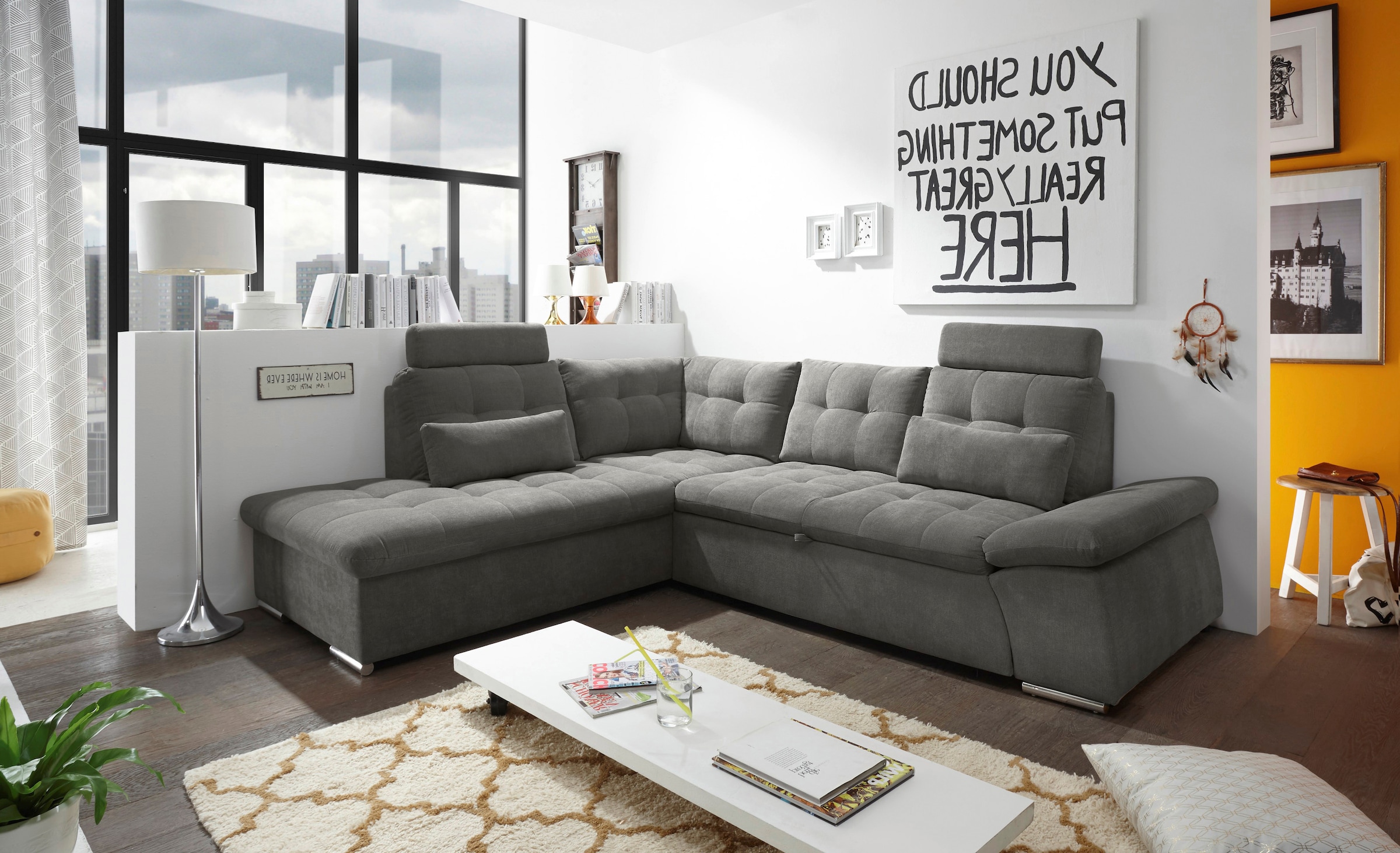 ED EXCITING DESIGN Ecksofa »Nalo L-Form«, mit Bettfunktion, Bettkasten, Kopfstützen, Nierenkissen etc.