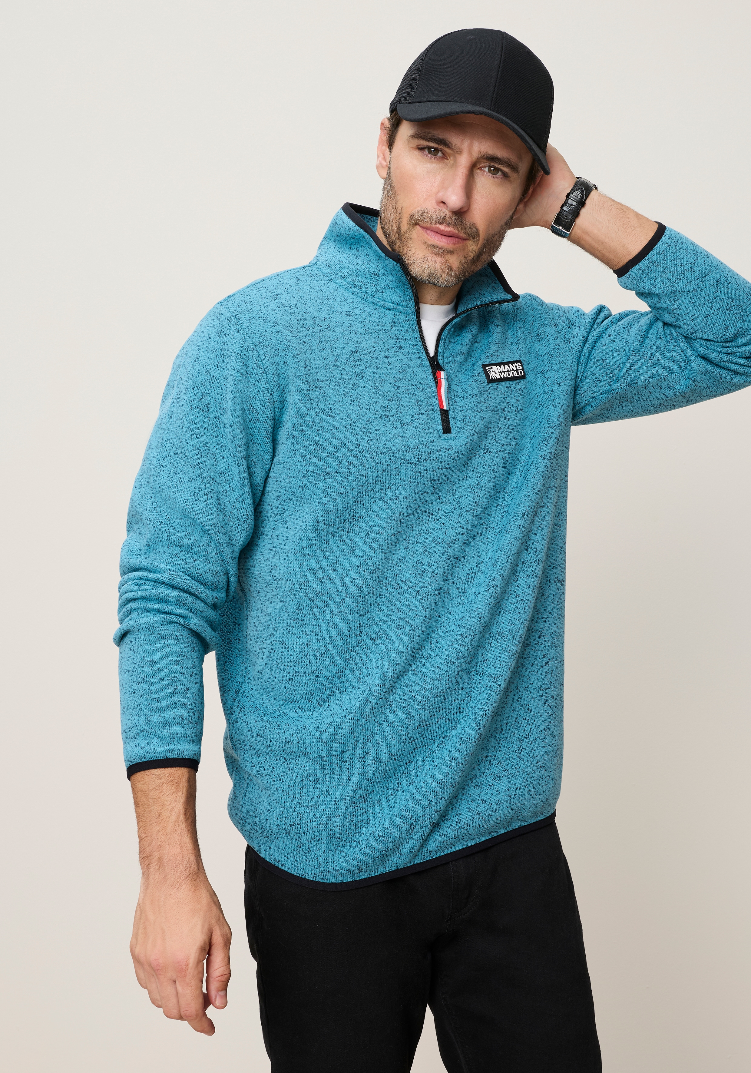 Mans World Fleecepullover, mit hoch geschlossenem Ausschnitt, melierte Optik, sportlicher Stil