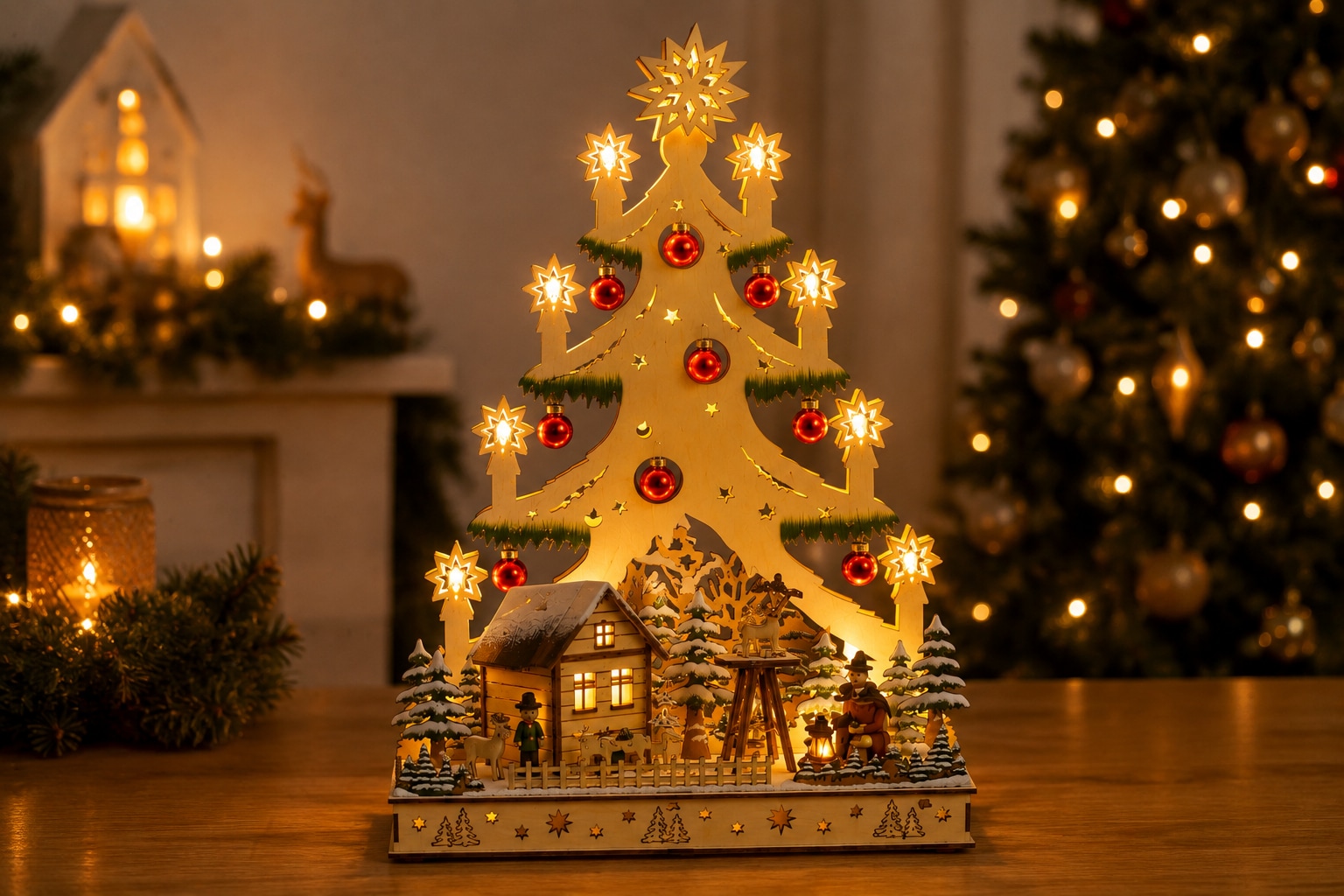 OTTO home Weihnachtsszene »Fensterdeko Baum mit Dorf, roten Glaskugeln und LED-Beleuchtung« LED-Lichtbaum, Zeitschaltuhr, mit roten echten Glaskugeln verziert