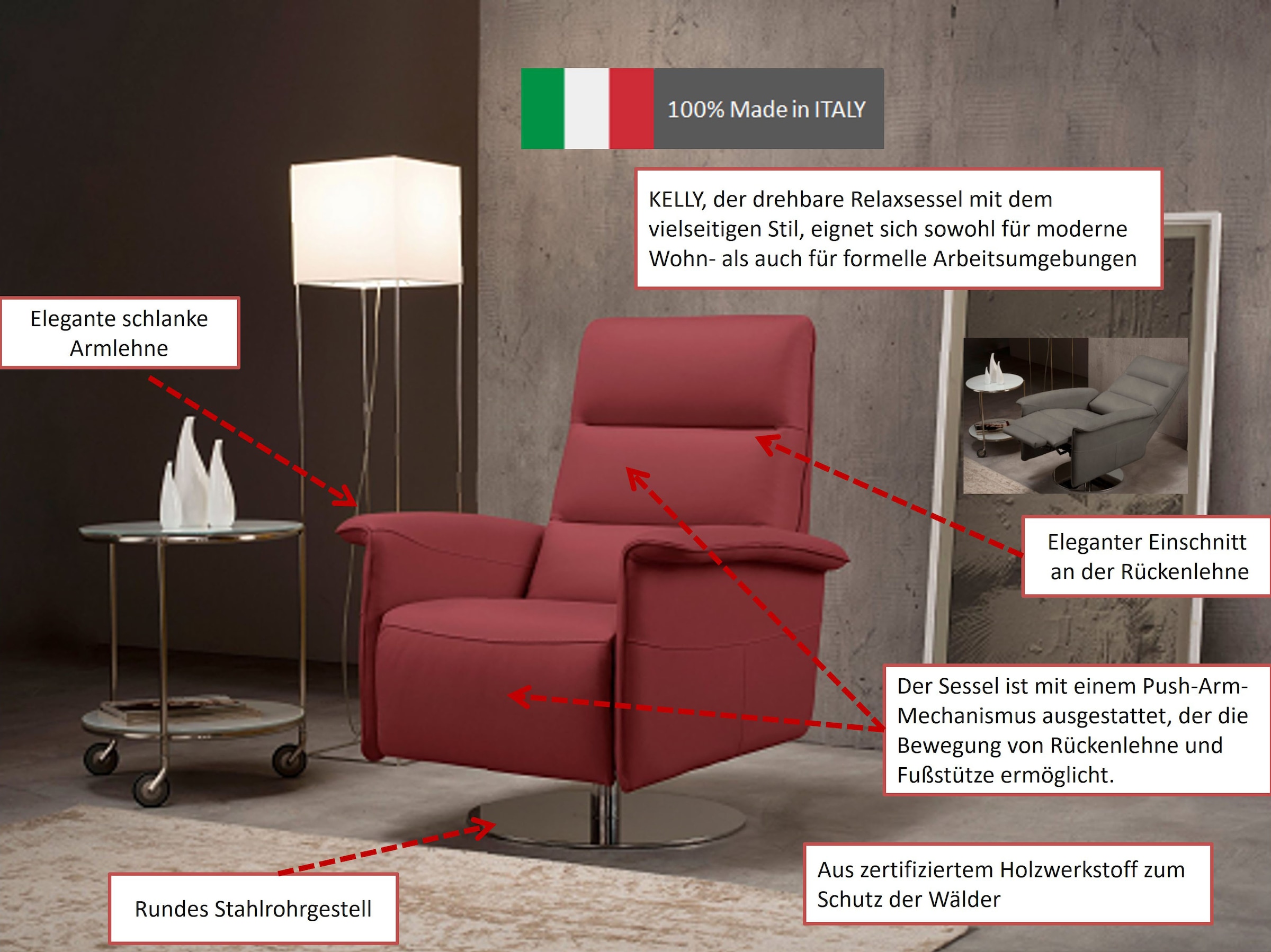 Egoitaliano Sessel »Kelly Designsessel«, drehbar, manuelle Relaxfunktion mit Push-Back-Mechanismus