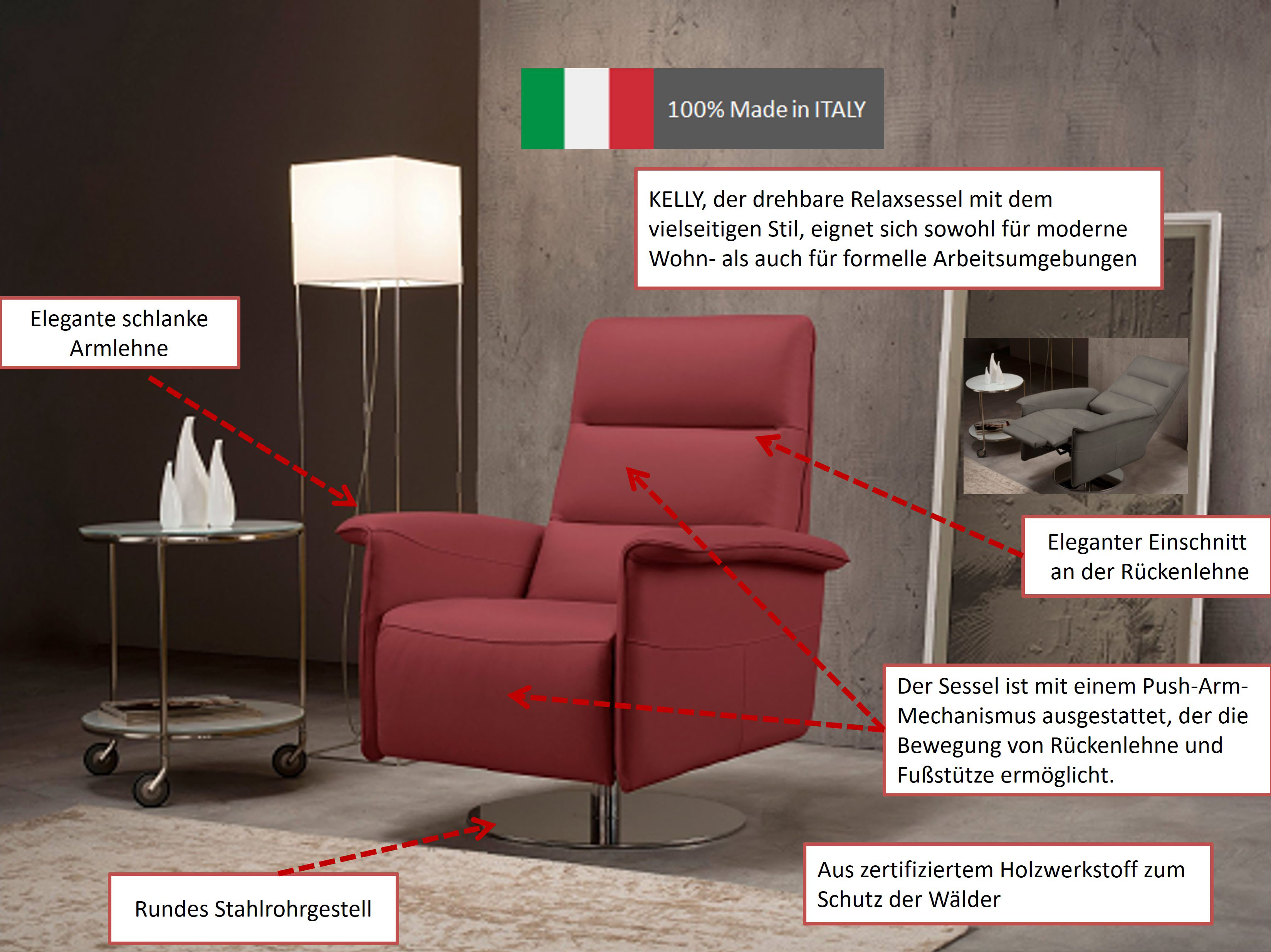 Thumbnail - Egoitaliano Sessel "Kelly Designsessel, Clubsessel & Relaxsessel, bequem, zeitlos elegant" drehbar, manuelle Relaxfunkti...