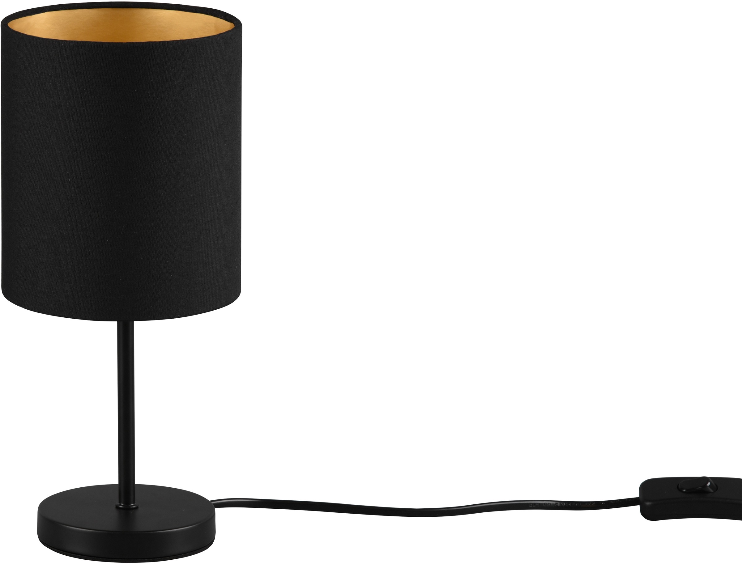 REALITY Leuchten Tischleuchte »Jerry«, 1 flammig, Leuchtmittel E14 | Leuchtmittel wechselbar, Tischlampe 28cm, Ø 13cm, Stoffschirm in schwarz/gold, Schnurschalter