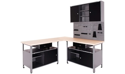 ONDIS24 Werkstatt-Set, (Set, 4 tlg.), mit 2 Werkbänken, Werkzeugschrank & Lochwand kaufen
