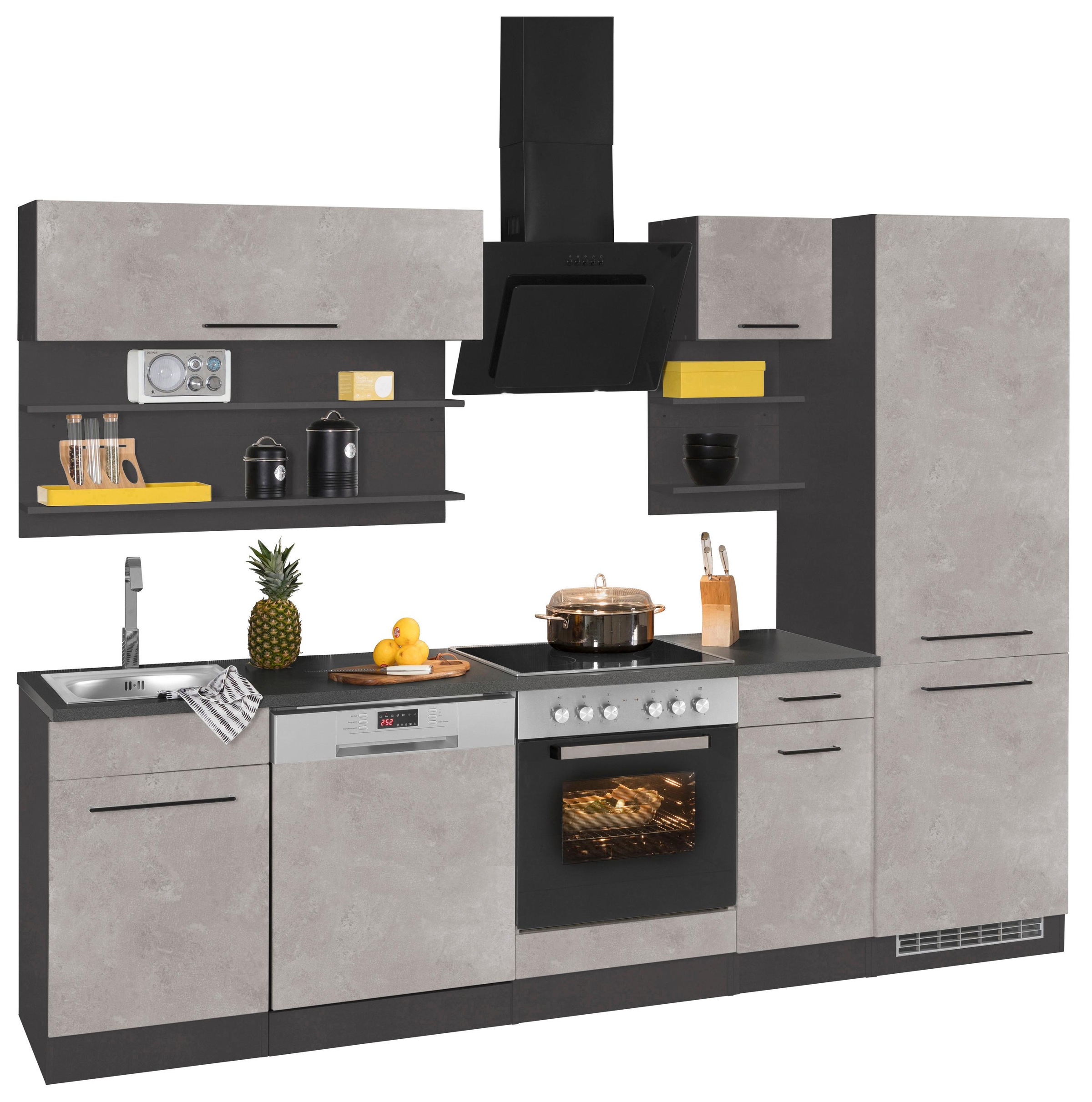 KOCHSTATION Küchenzeile »KS-Tulsa«, mit E-Geräten, Breite 270 cm, schwarze Metallgriffe, MDF Fronten