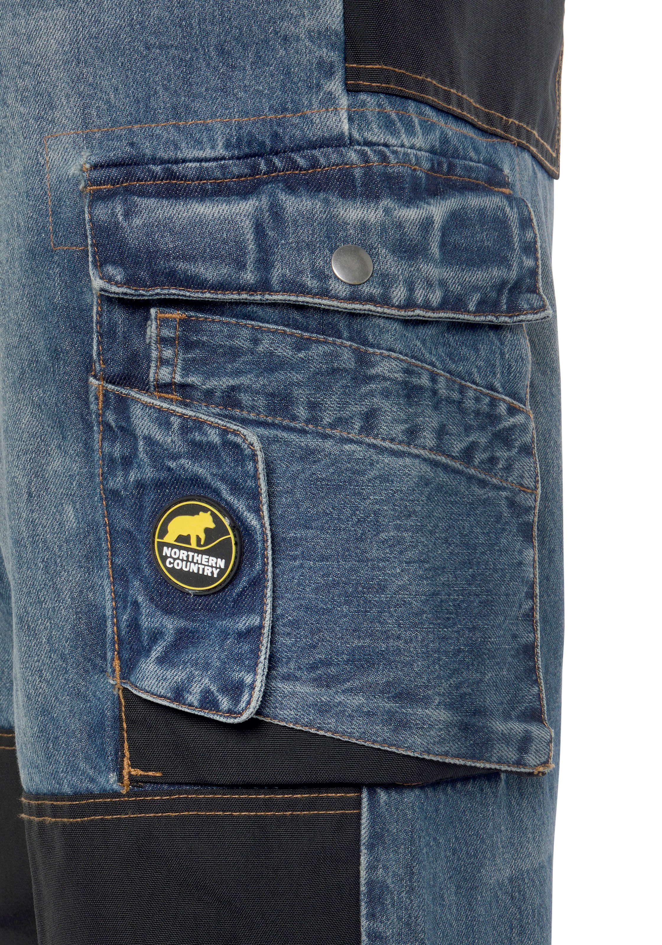 BAUR auf Jeans«, Taschen, Country Knieverstärkung 9 comfort robuster Baumwolle, Arbeitshose Jeansstoff, Bund, | »Multipocket Northern dehnbarem mit (aus fit), praktischen aus Cordura 100% Rechnung