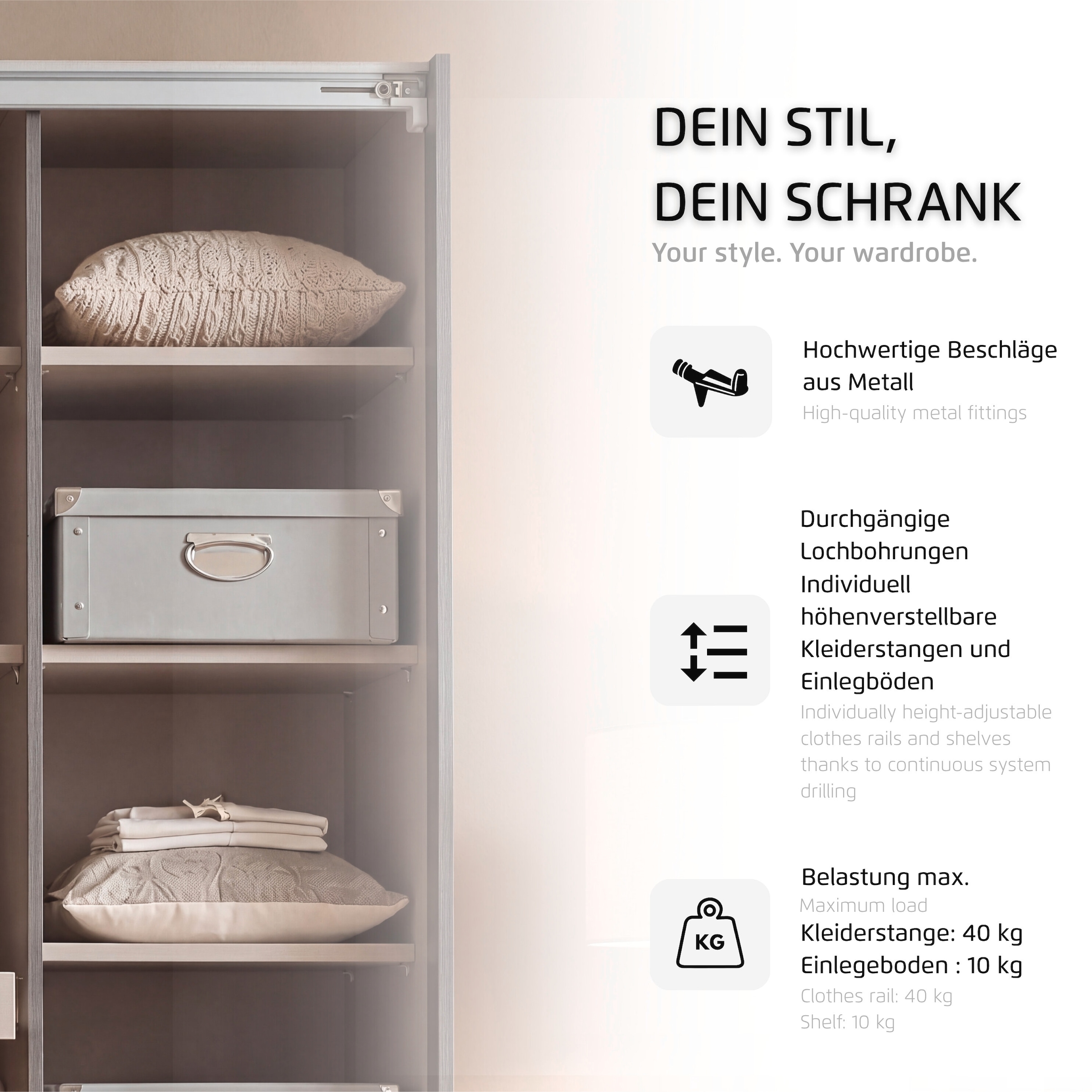 rauch Kleiderschrank »Mehrzweckschrank Schrank Garderobe Wäscheschrank Schlafzimmer GAMMA« 3 verschiedene Ausstattungen BASIC/CLASSIC/PREMIUM (inkl. SOFT-CLOSE),  Graumetallic, 181 cm, 2 Schubladen, Griff Schwarz MADE IN GERMANY