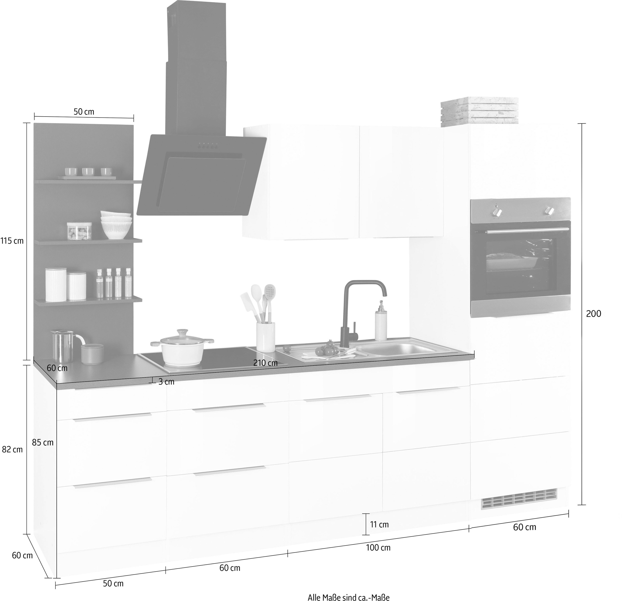 KOCHSTATION Küchenzeile »KS-Brindisi Breite 270 cm«, wahlweise mit E-Geräten und Induktion, mit MDF-Fronten und Regal