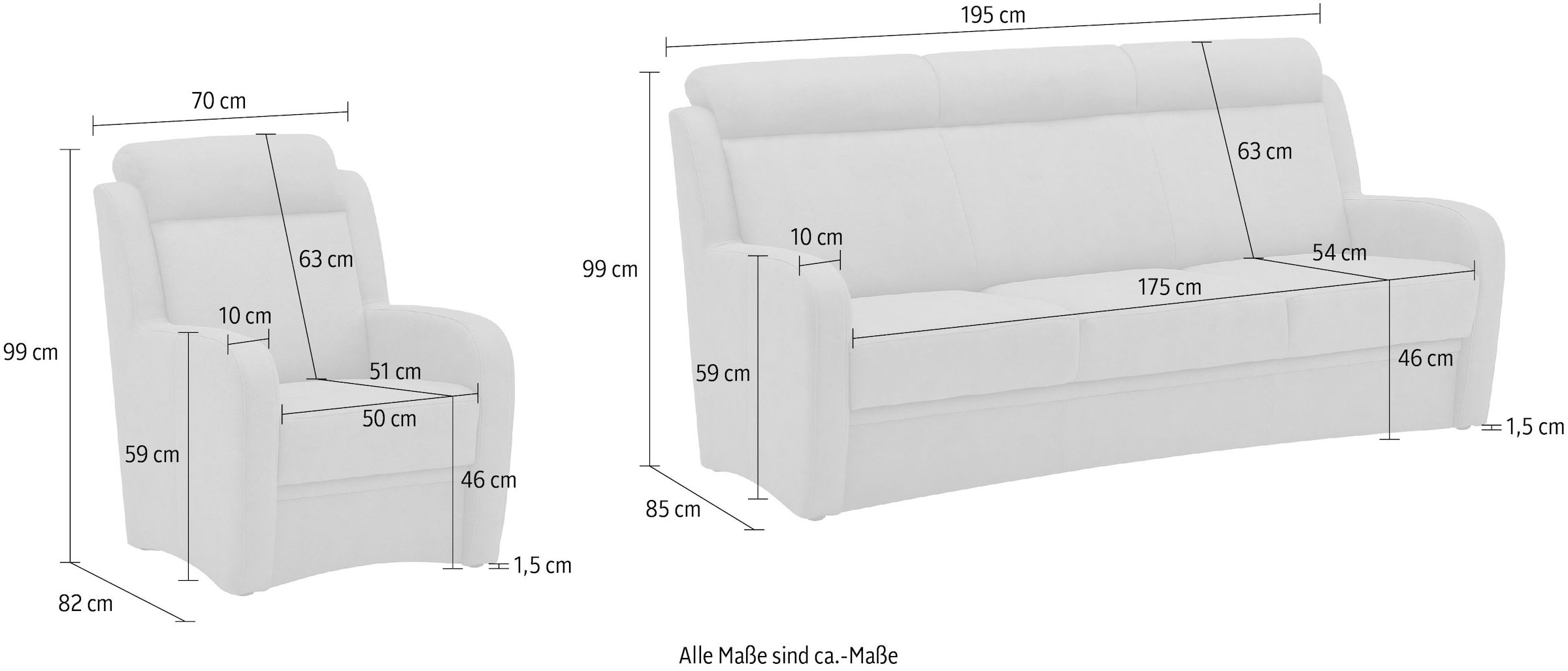 VILLA BECK Polstergarnitur »Varese«, (3 tlg.), Kopfteilverstellung, Set aus 3-Sitzer und 2x Sessel, in Sitzhöhe 46