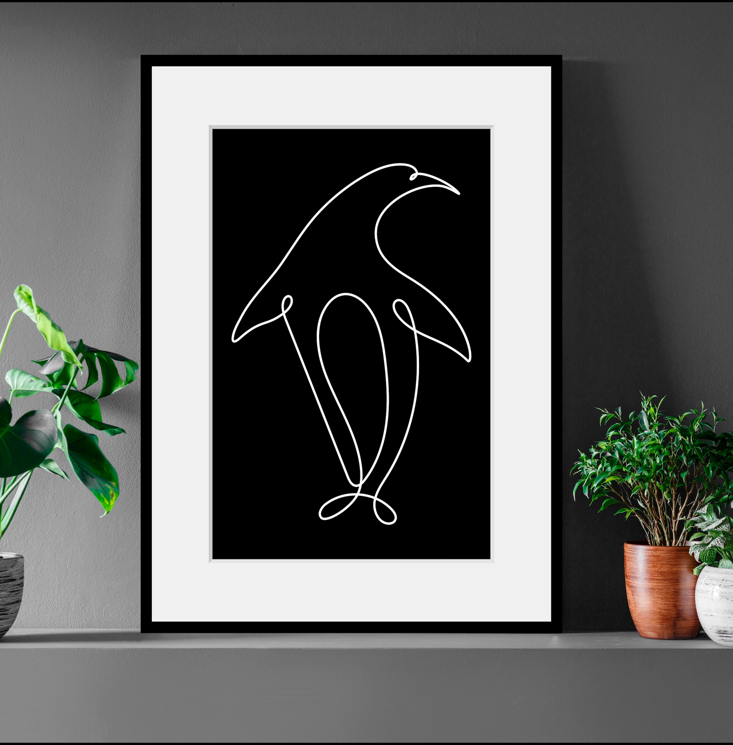 queence Bild »Lilu«, Pinguine-Kunst-Schwarz-Weiß, (1 St.), HD Premium Poster-Druck inkl. Holzrahmen