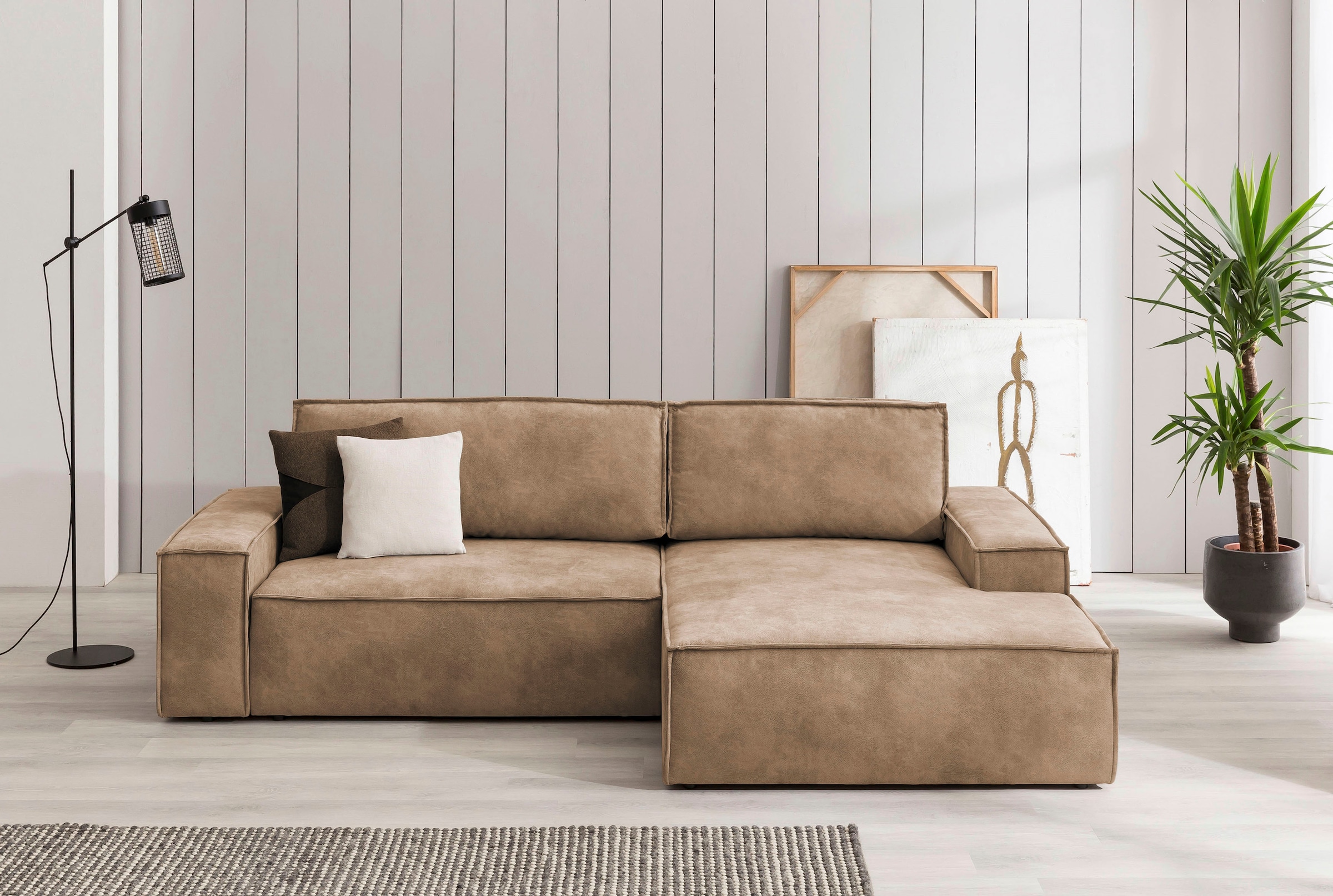 OTTO home Ecksofa "SHERWOOD Vintage Lederoptik L-Form, 267 cm" Schlaffunktion mit Bettkasten (210x136 cm), Cord, Vintage, Samtvelours