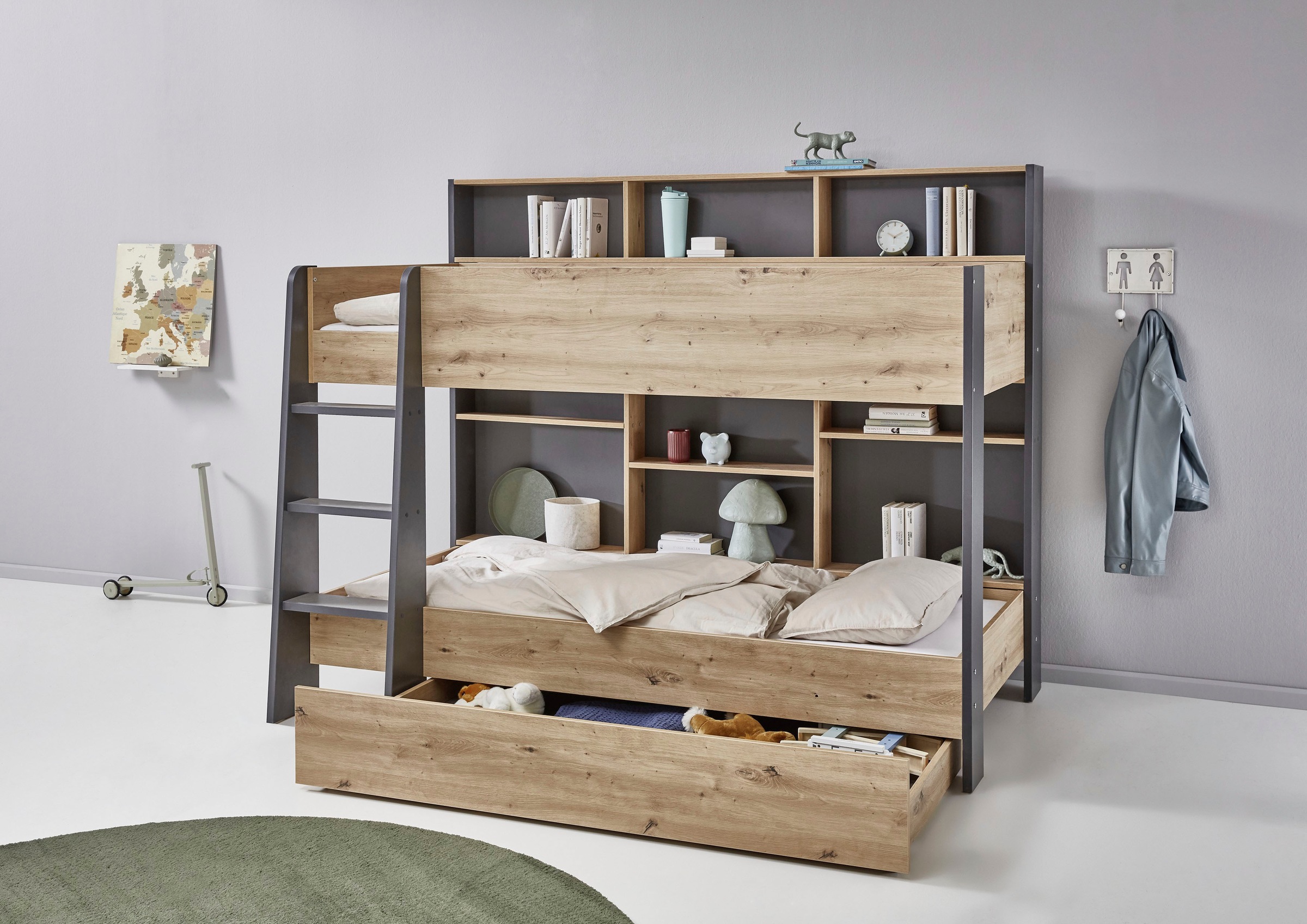 Relita Etagenbett »Sely, viel Funktion auf kleinem Raum, 2 Liegeflächen, modernes Design« viele Regalfächer an der Bettrückseite, inkl. Schublade auf Rollen,  viel Stauraum, pflegeleichte Melamin Oberfläche, 3 Farben zur Wahl