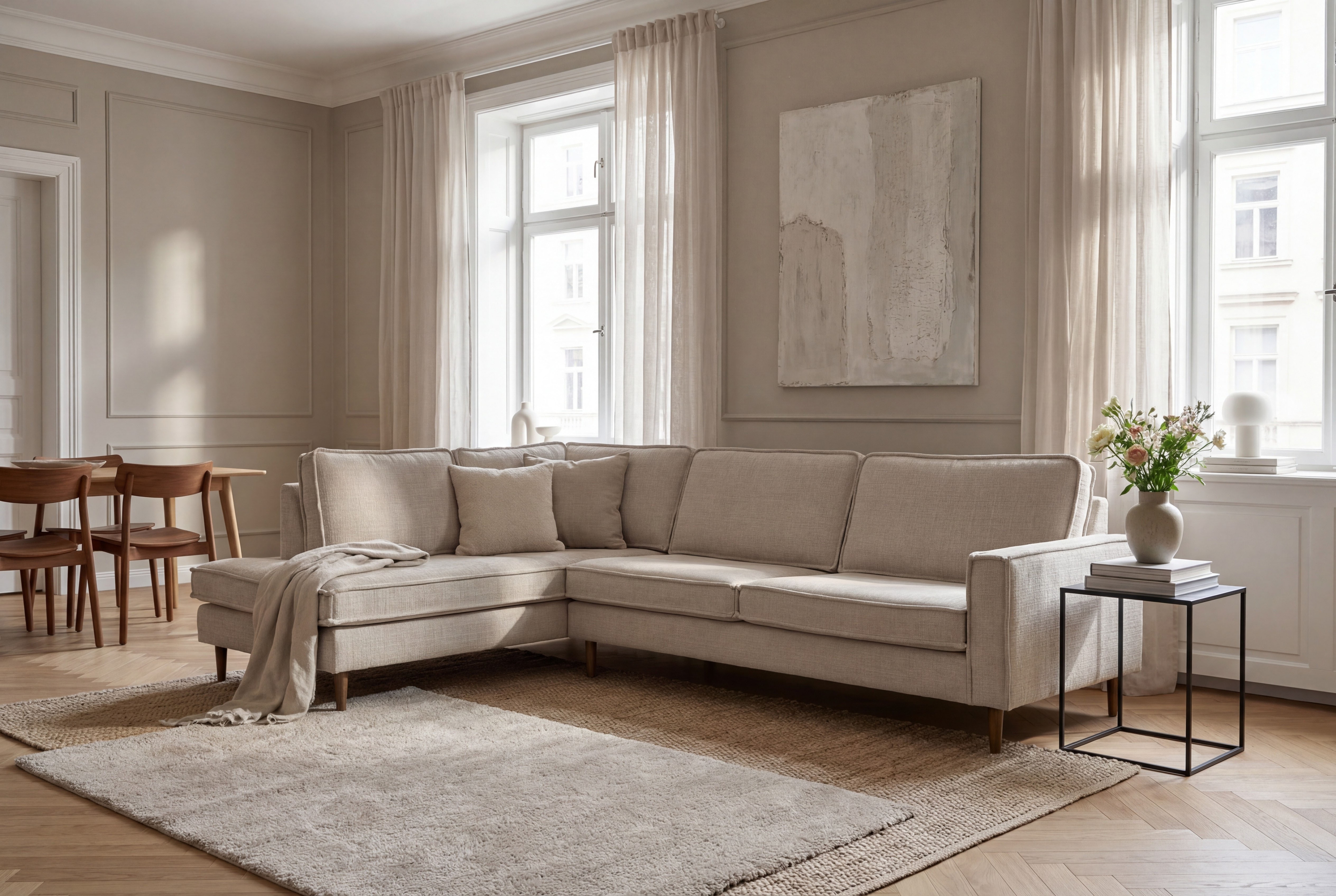 OTTO home Ecksofa "Pinto Skandi, 290 cm, Chenille, Struktur, Ottomane links / rechts" mit Keder, Massivholzfüße Eiche geräuchert, Wellenunterfederung