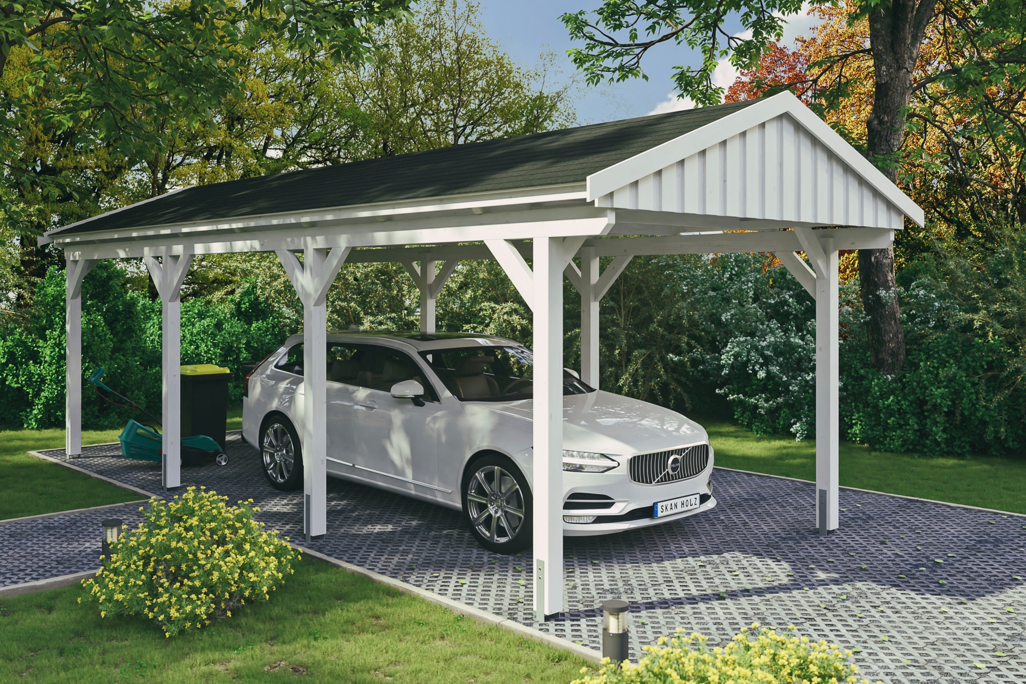 Skanholz Einzelcarport "Fichtelberg" Leimholz weiß mit schwarzen Schindeln