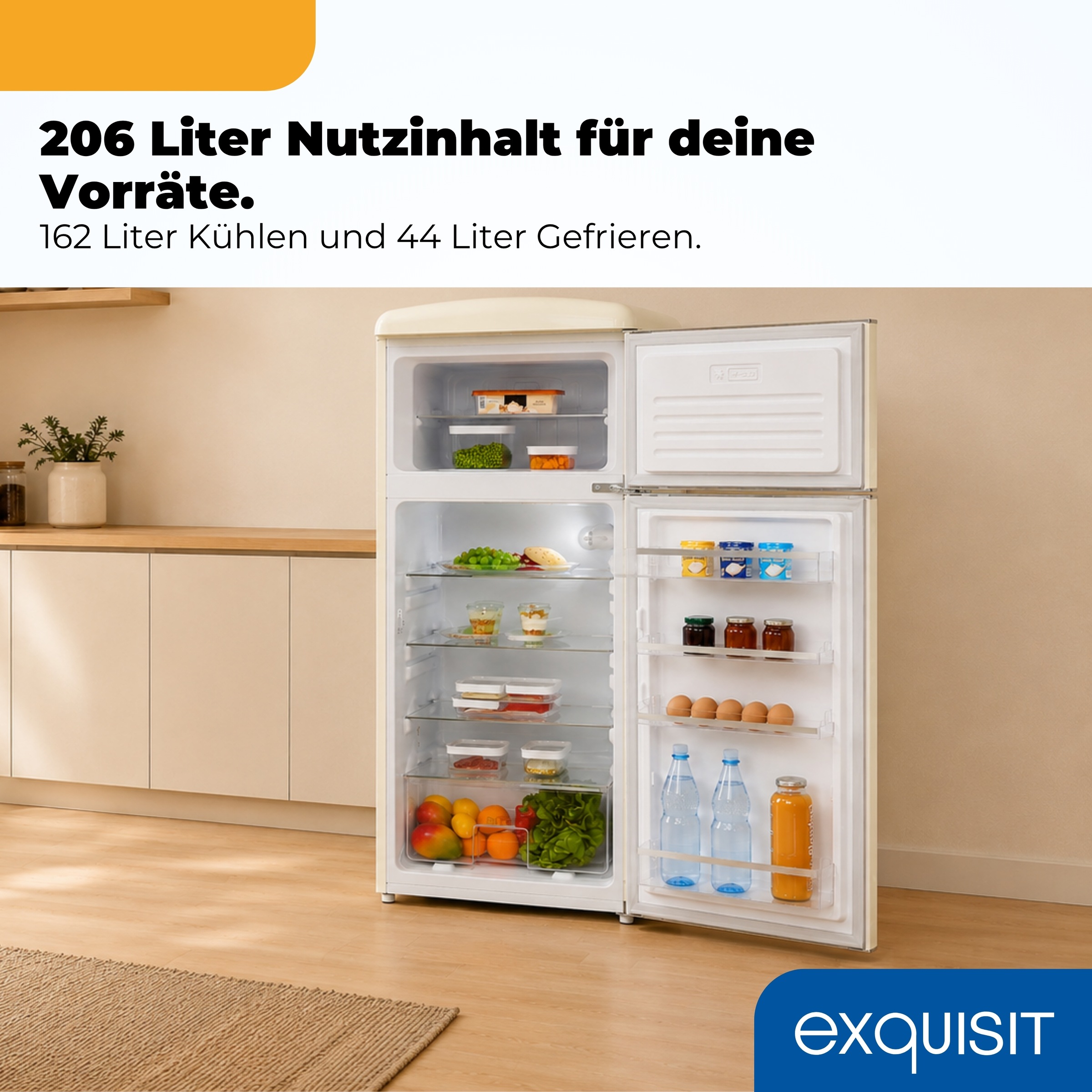 exquisit Kühl-/Gefrierkombination »RKGC270-45-H-160C magnolienweiss« 146,5 cm hoch 54,5 cm breit LED-Beleuchtung, verstellbare Glasböden, Retro-Design