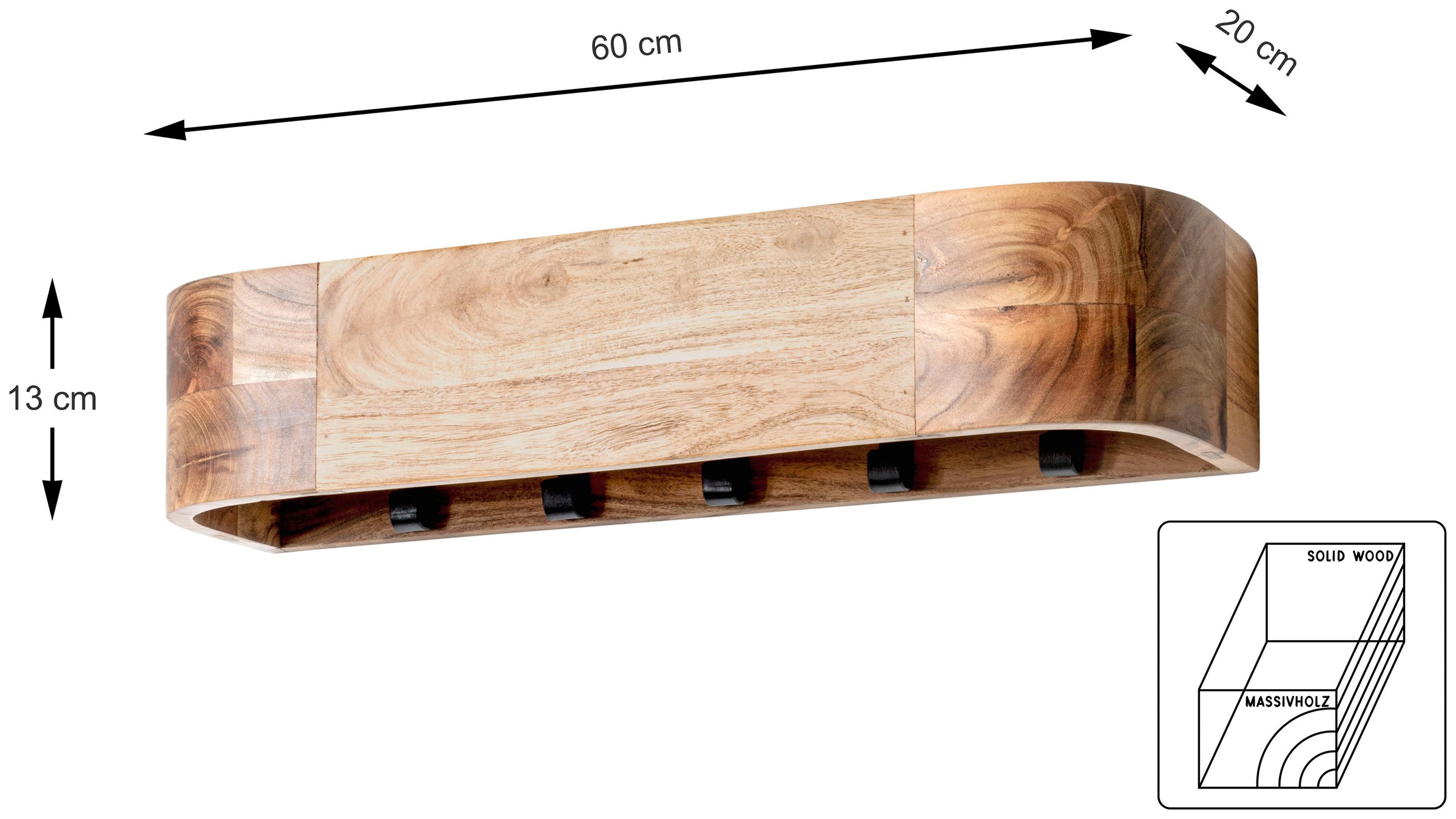 HAKU Wandgarderobe »Wandgarderobe« 1 Stk. tlg. rechteckig - aus Massivholz Braun - B/T/H 60/20/13 cm