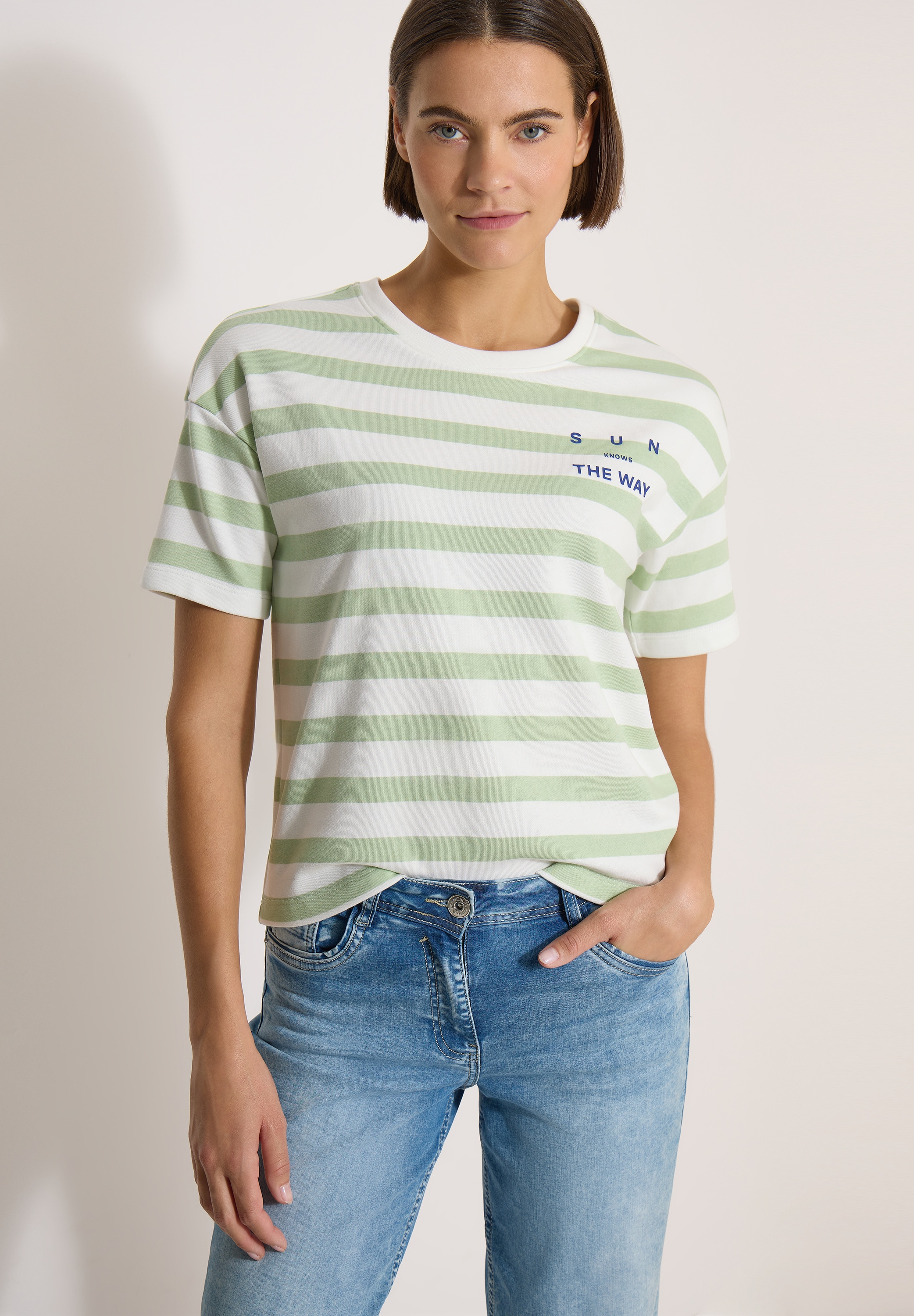 Cecil Kurzarmshirt Sommershirt mit Streifen und Wording-Detail