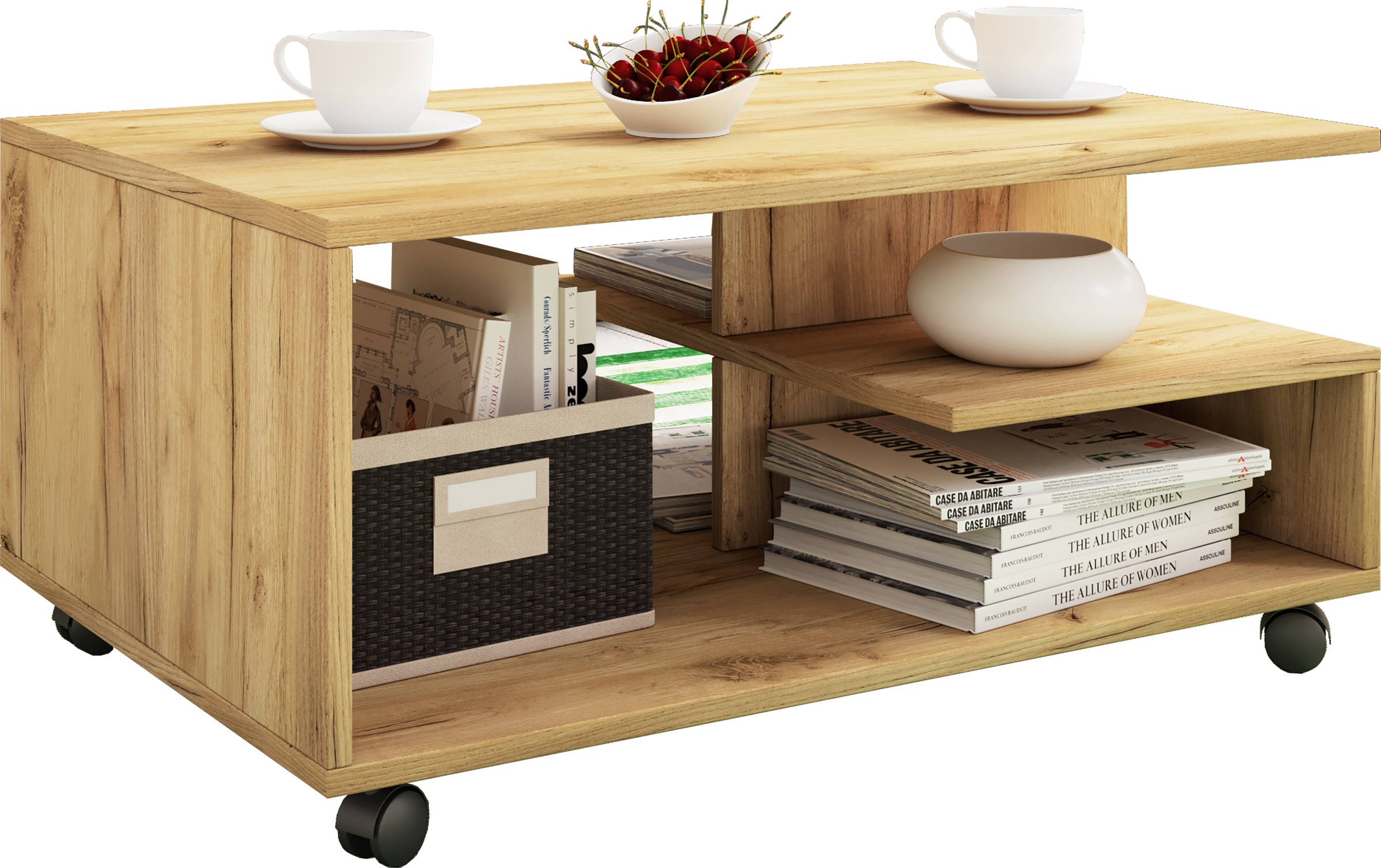 Couchtisch VCM "Holz Sofatisch Couchtisch Rollen rollbar Stango L", braun (honig, eiche), B:80cm T:50cm, Tische, Couchtisch