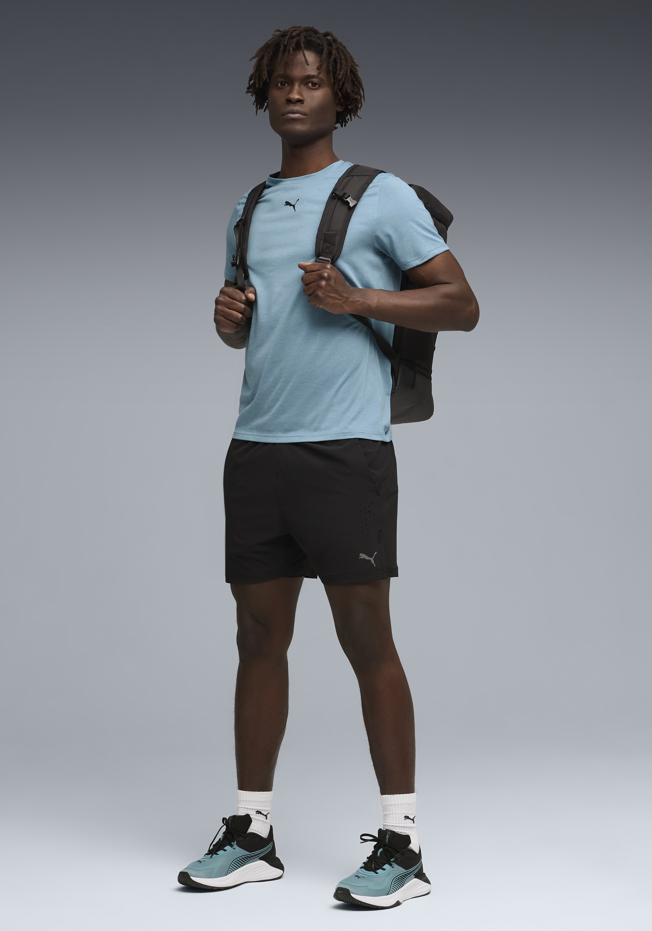 Trainingsshirt PUMA "M TAD ESSENTIALS HEATHER CAT TEE (CF SMALL CAT)", Herren, Gr. L, baltic sea blau heather, Jersey, Obermaterial: 100% Polyester, regular fit normal, Rundhals, Shirts, reguläre Passform, atmungsaktives Material, schnell trocknend 3