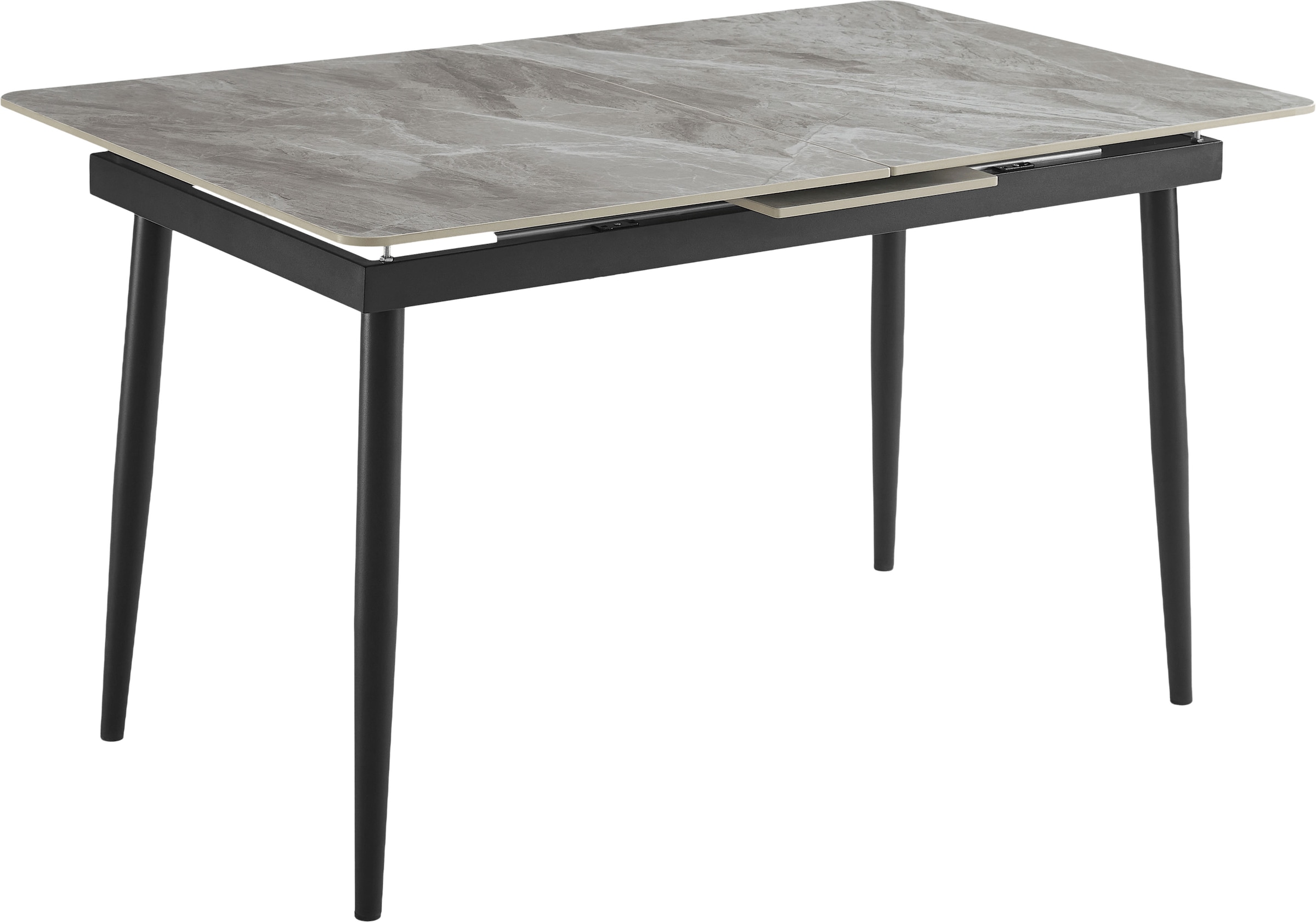 OTTO home Essgruppe »Stevian« Set, Ausziehbarer Esstisch + 4 Stühle, 5 Stk. tlg. Holz, Strukturstoffbezug, Freischwingerstühle, gesteppten Bänken